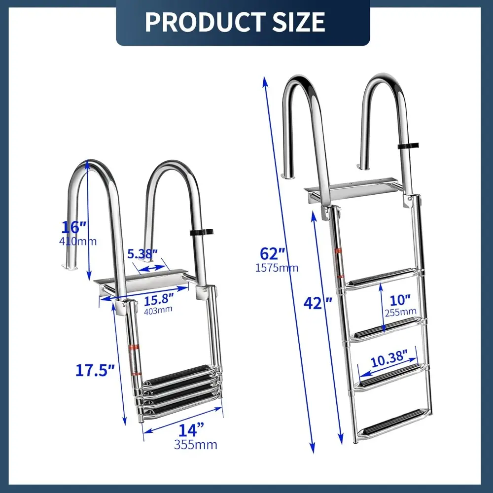 4-Step Pontoon Boat Ladder, 316 Stainless Steel Folding Telescoping Inboard Ladder with Hand Railing and Extra Wide Steps