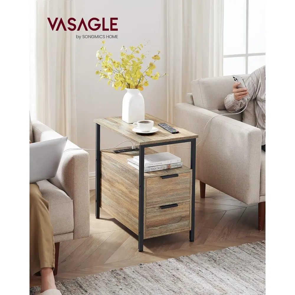 Side Table with Charging Station, Narrow End Table with 2 Drawers, Slim Nightstand and Bedside Table with Storage, for Small Sp