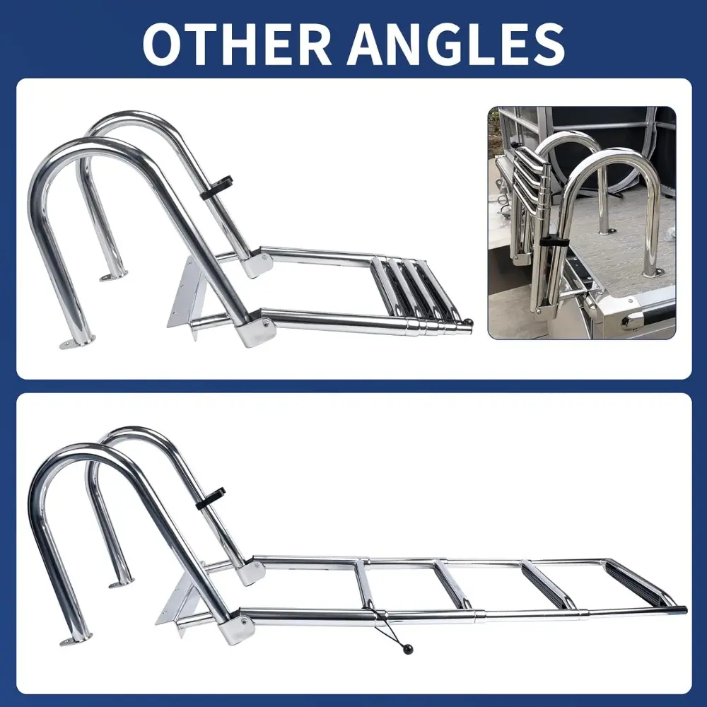 4-Step Pontoon Boat Ladder, 316 Stainless Steel Folding Telescoping Inboard Ladder with Hand Railing and Extra Wide Steps