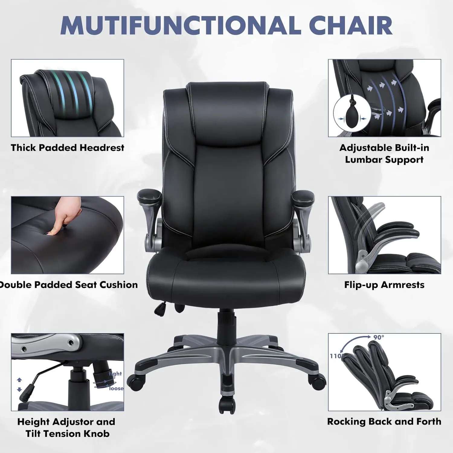 High Back Executive Office Chair- Ergonomic Home Computer Desk Leather Chair with Padded Flip-up Arms, Adjustable Tilt Lock,