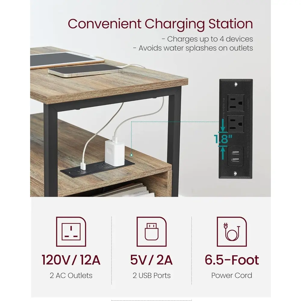 Side Table with Charging Station, Narrow End Table with 2 Drawers, Slim Nightstand and Bedside Table with Storage, for Small Sp