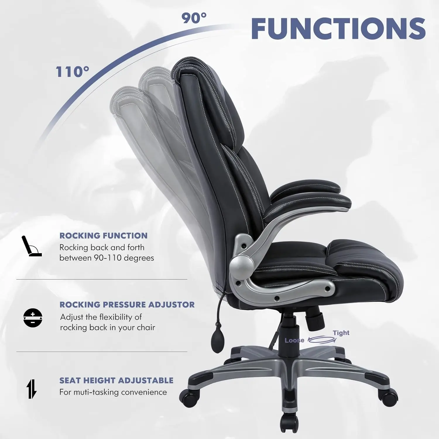 High Back Executive Office Chair- Ergonomic Home Computer Desk Leather Chair with Padded Flip-up Arms, Adjustable Tilt Lock,