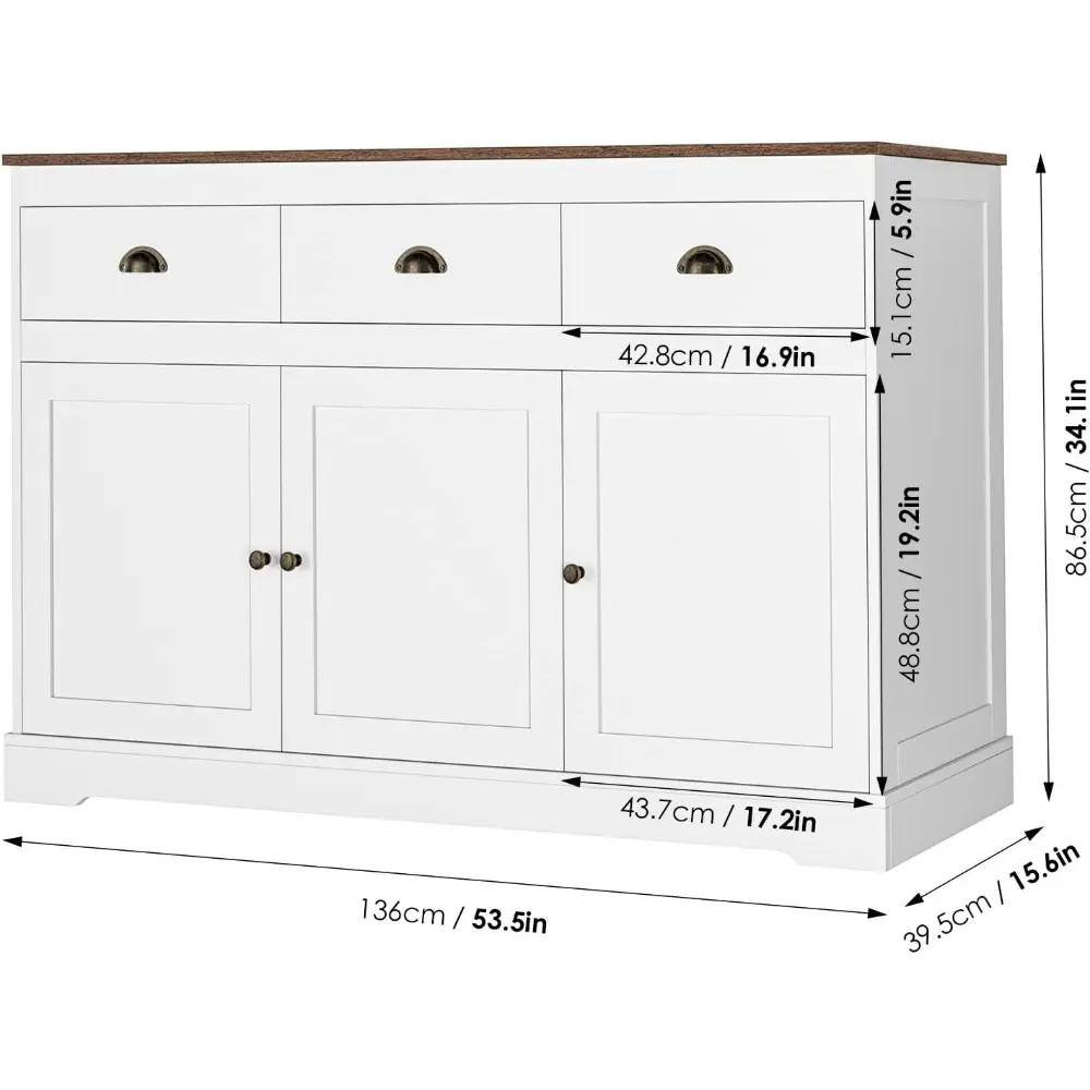 White Buffet Cabinet Storage Sideboard Farmhouse Server Bar Wine Cabinet with 3 Drawers & 3 Doors Adjustable Shelves Console Ta