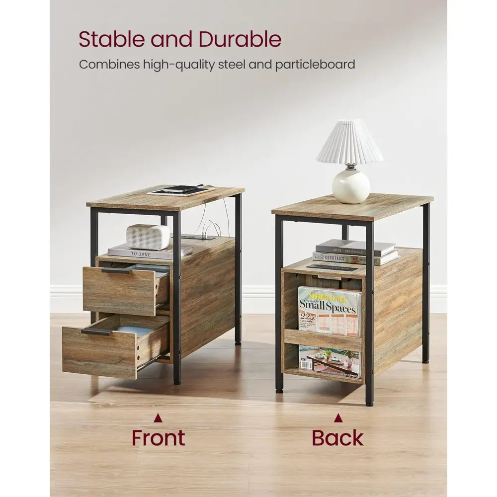 Side Table with Charging Station, Narrow End Table with 2 Drawers, Slim Nightstand and Bedside Table with Storage, for Small Sp
