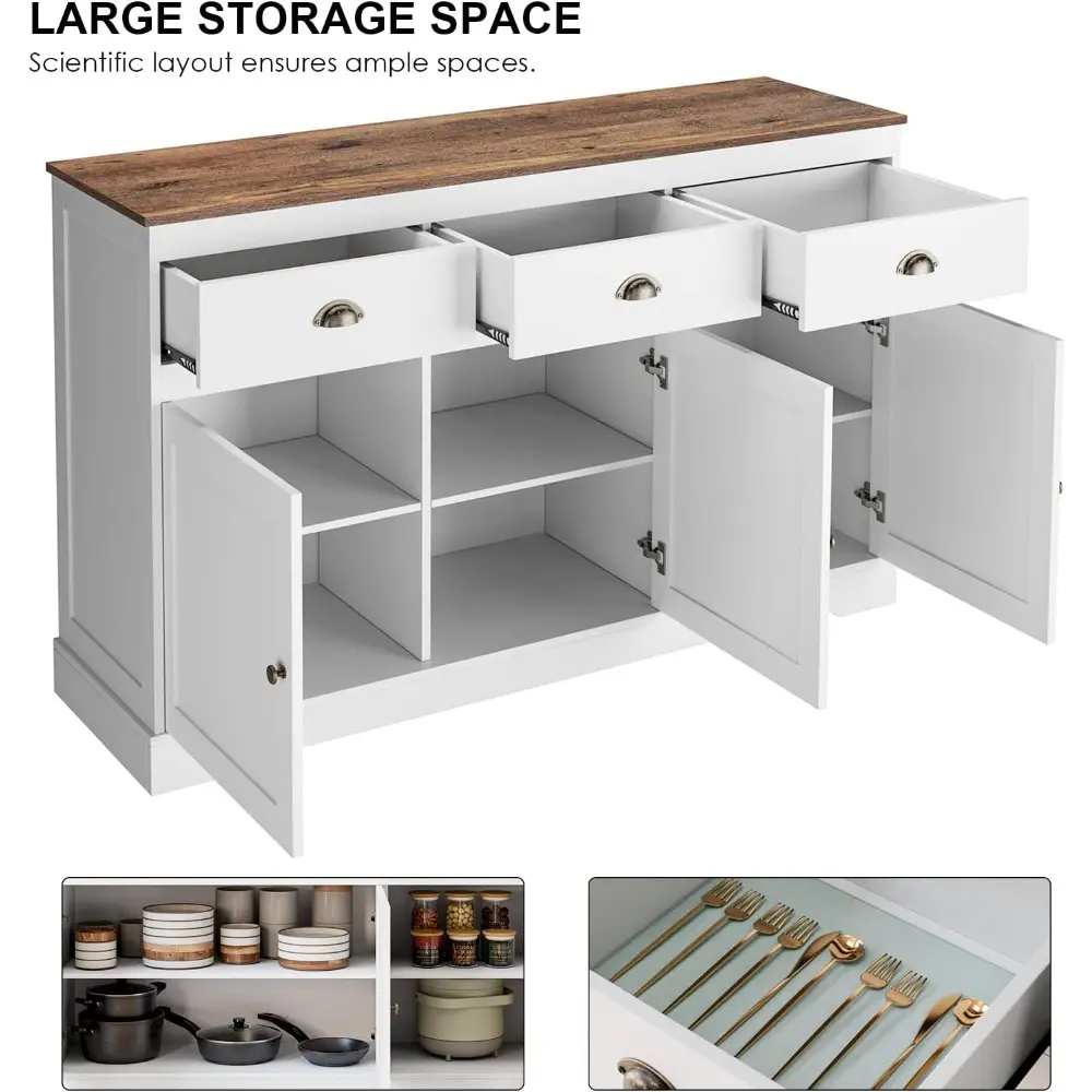 White Buffet Cabinet Storage Sideboard Farmhouse Server Bar Wine Cabinet with 3 Drawers & 3 Doors Adjustable Shelves Console Ta