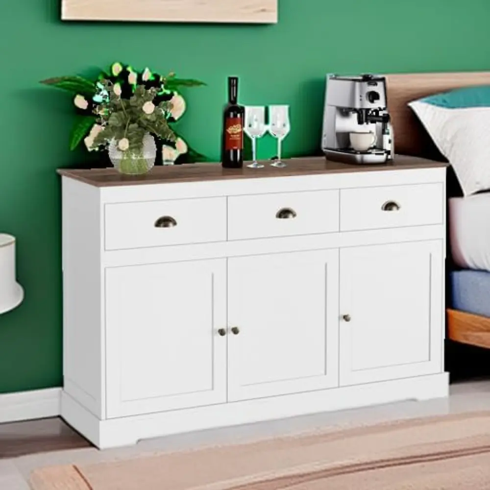 White Buffet Cabinet Storage Sideboard Farmhouse Server Bar Wine Cabinet with 3 Drawers & 3 Doors Adjustable Shelves Console Ta