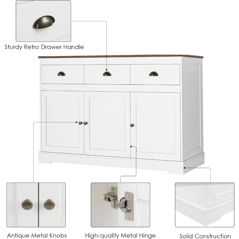 White Buffet Cabinet Storage Sideboard Farmhouse Server Bar Wine Cabinet with 3 Drawers & 3 Doors Adjustable Shelves Console Ta