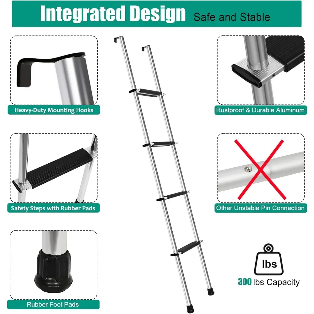 57" RV Bunk Ladder, 4 Step Integrated Aluminum Camper Bunk Bed Ladder with Anti-Slip Rubber Foot Pads, Sliver