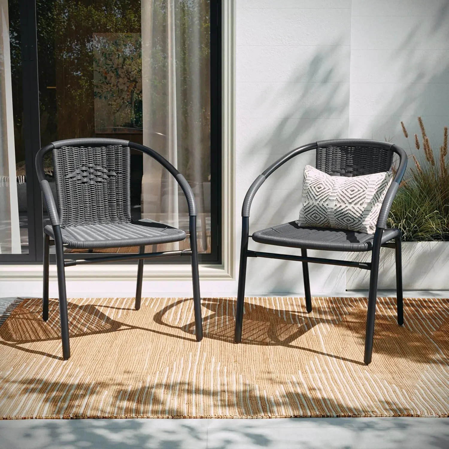 2 Pack Gray Rattan Indoor-Outdoor Restaurant Stack Chair with Curved Back