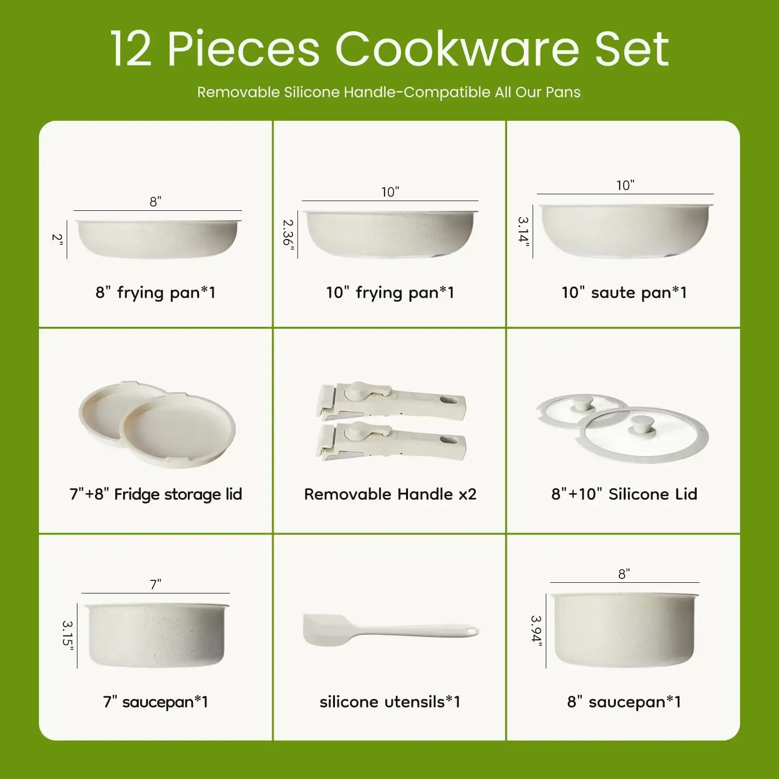 12-Piece Non-Stick Cookware Set - Essential Pots & Pans with Detachable Handles, Beige