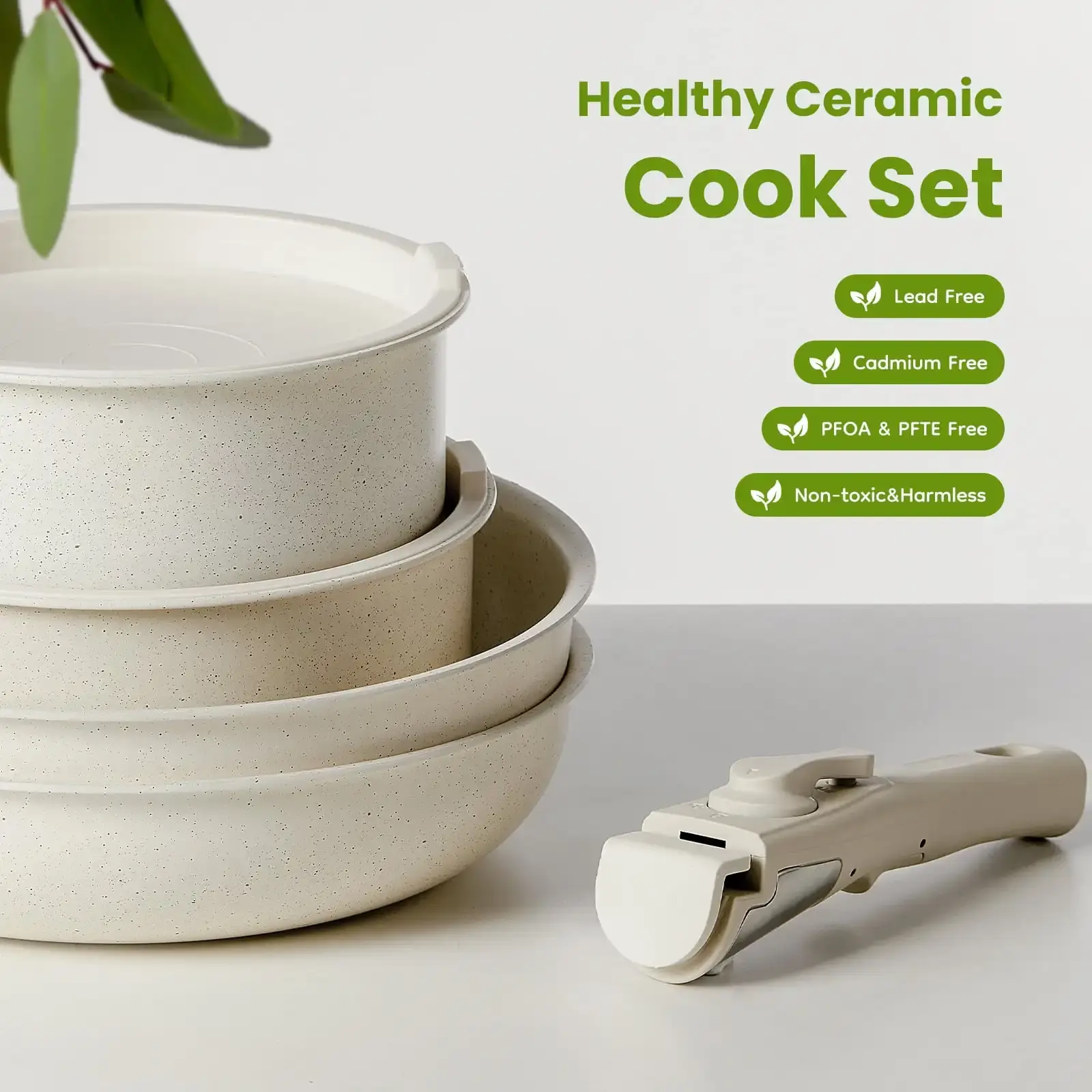 12-Piece Non-Stick Cookware Set - Essential Pots & Pans with Detachable Handles, Beige