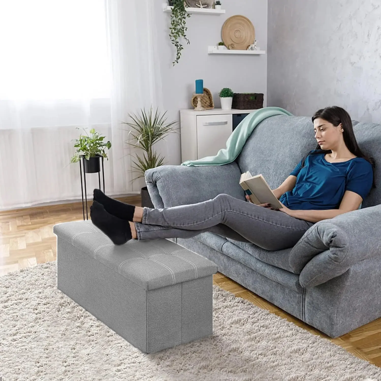 30" Storage Bench Folding Storage Ottoman Bench, Linen Coffee Table Folding Long Shoes Footstool Dressing Stool