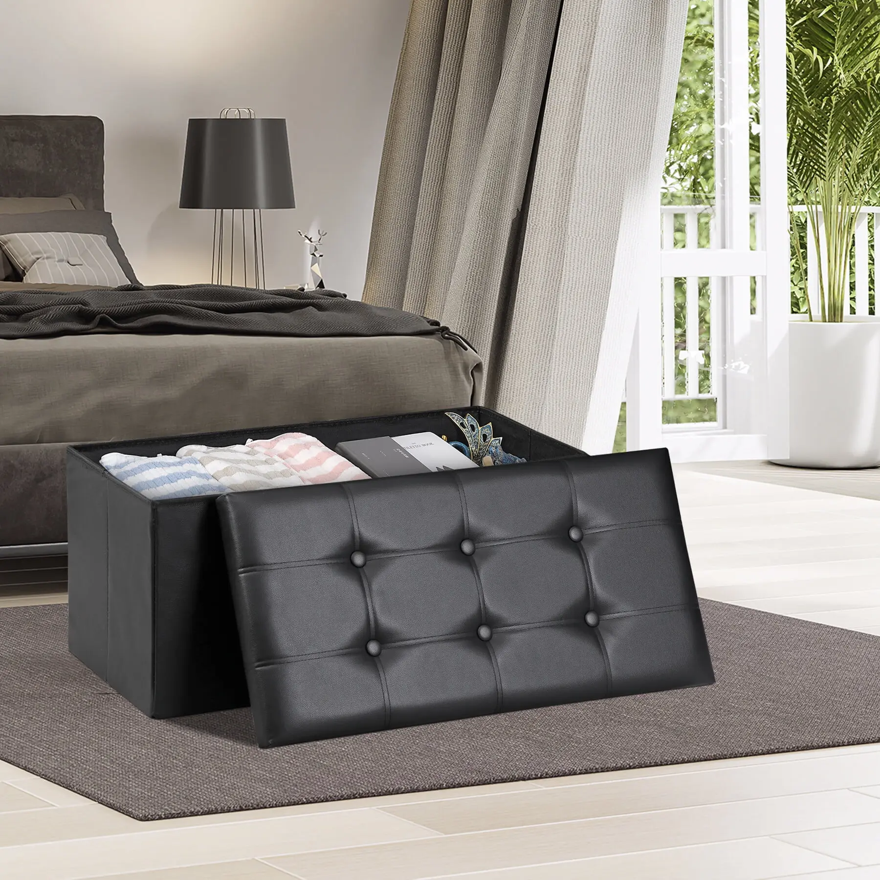 30'' PVC Leather Storage Ottoman Bench Foldable Footrest Stool Padded Seat 350lbs Black
