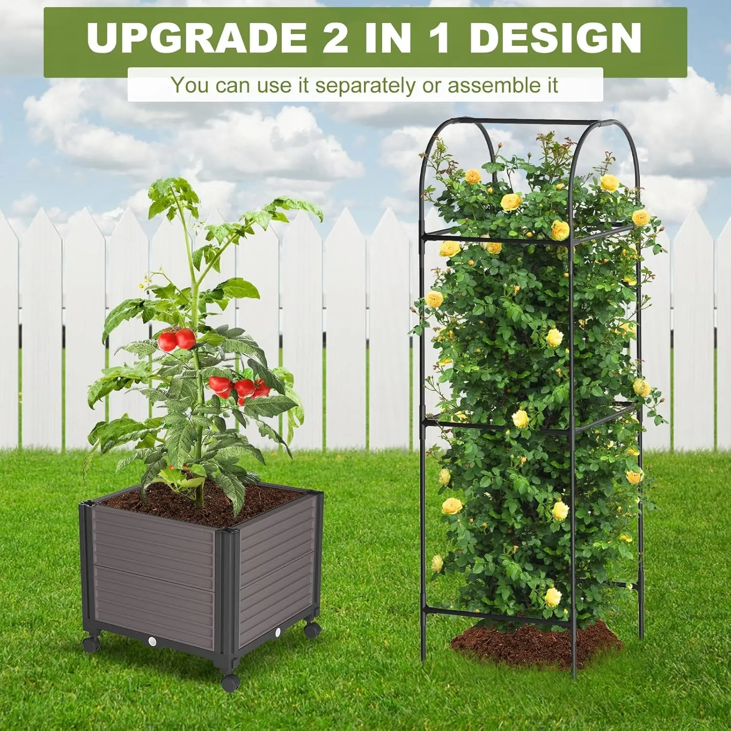 Raised Garden Bed Planter Box with Wheels, Tomato Cage Planter Raised Garden Bed with Trellis for Climbing Vegetables