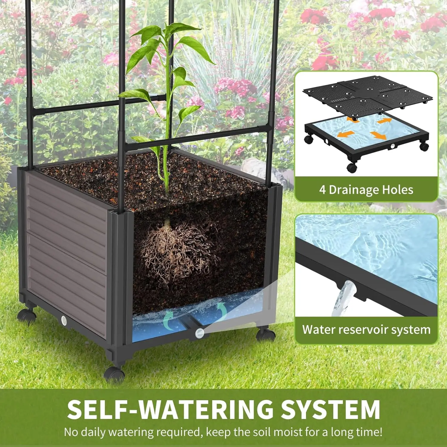 Raised Garden Bed Planter Box with Wheels, Tomato Cage Planter Raised Garden Bed with Trellis for Climbing Vegetables