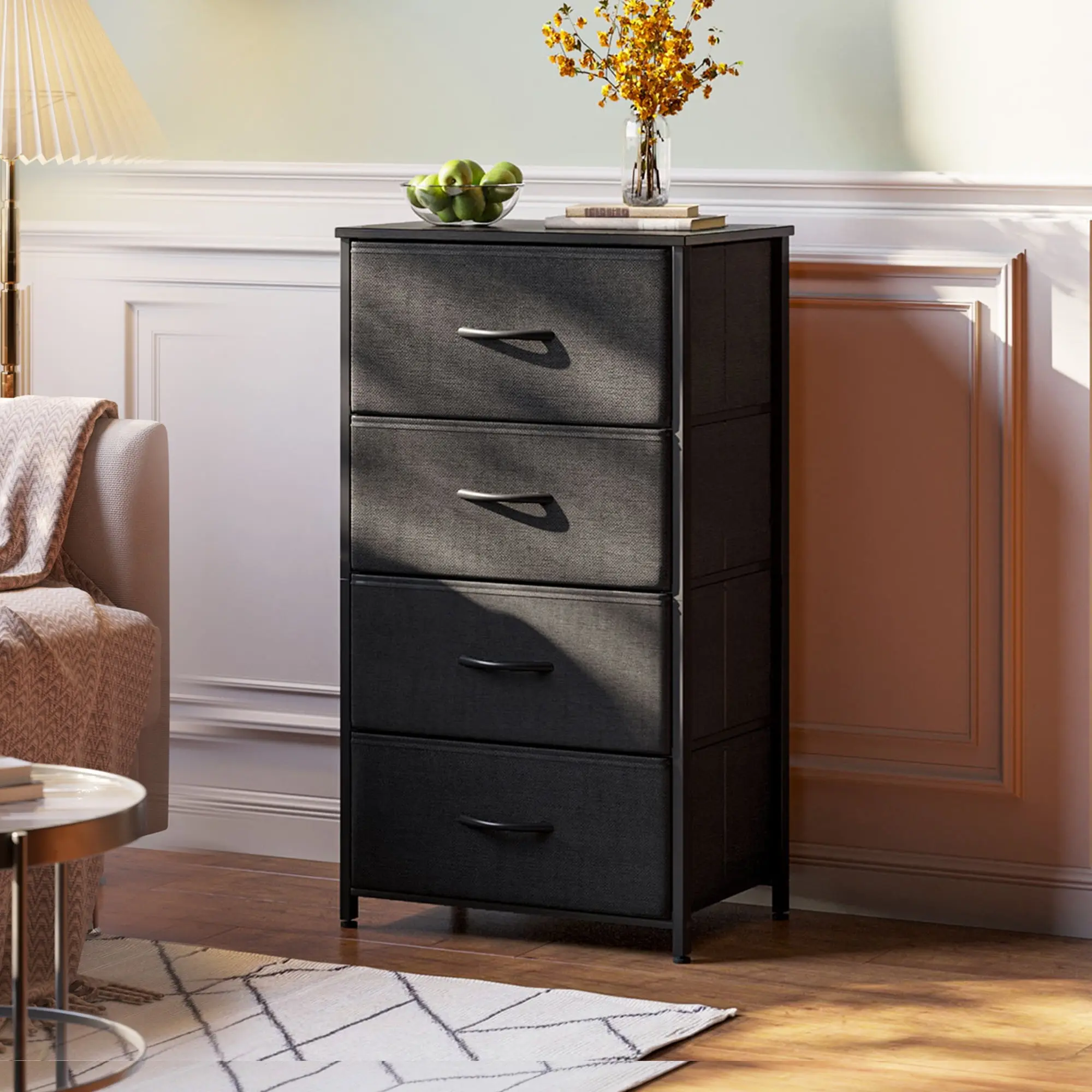Dresser for Bedroom with 4 Storage Drawers, Small Dresser Chest of Drawers Fabric Dresser with Sturdy Steel Frame, Black