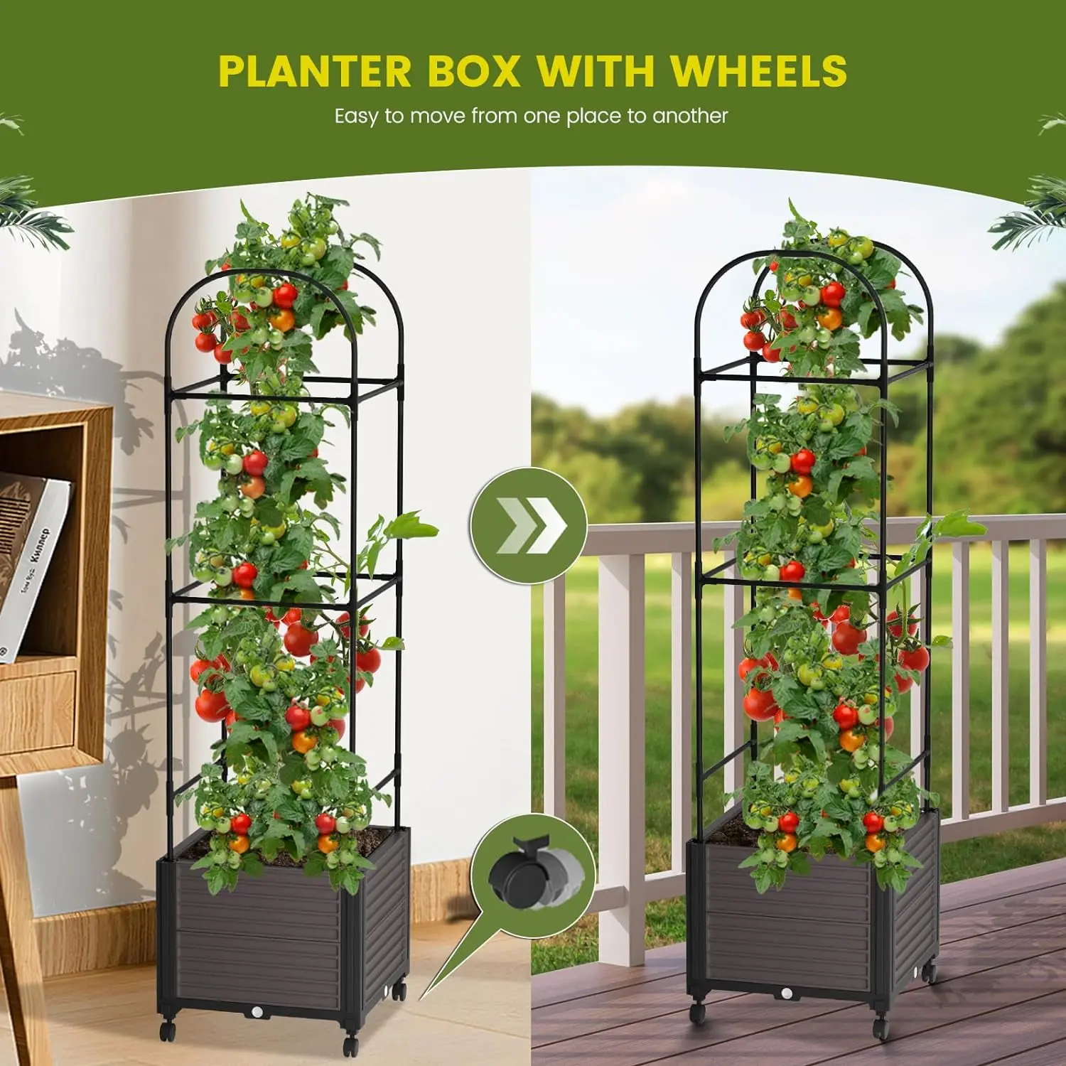 Raised Garden Bed Planter Box with Wheels, Tomato Cage Planter Raised Garden Bed with Trellis for Climbing Vegetables