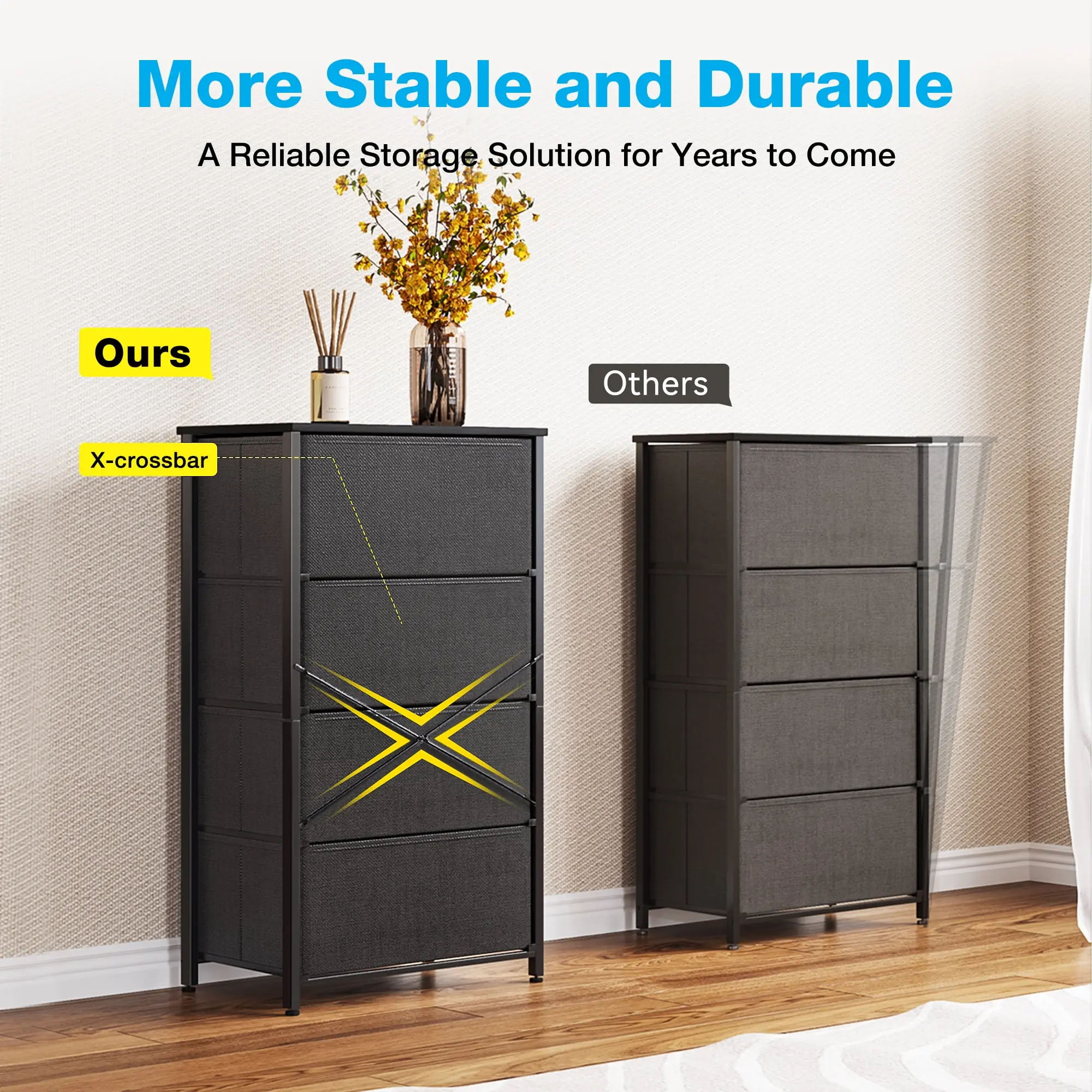 Dresser for Bedroom with 4 Storage Drawers, Small Dresser Chest of Drawers Fabric Dresser with Sturdy Steel Frame, Black
