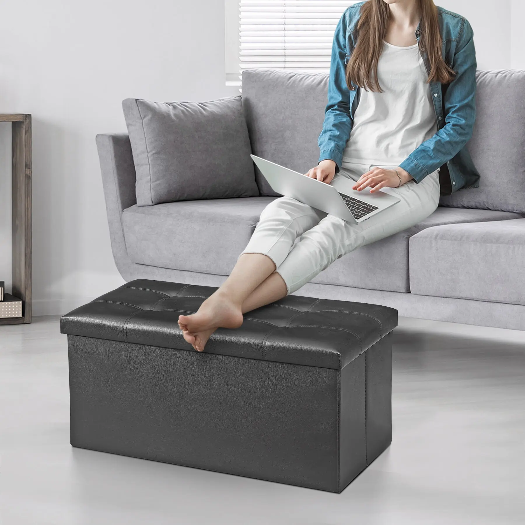 30'' PVC Leather Storage Ottoman Bench Foldable Footrest Stool Padded Seat 350lbs Black