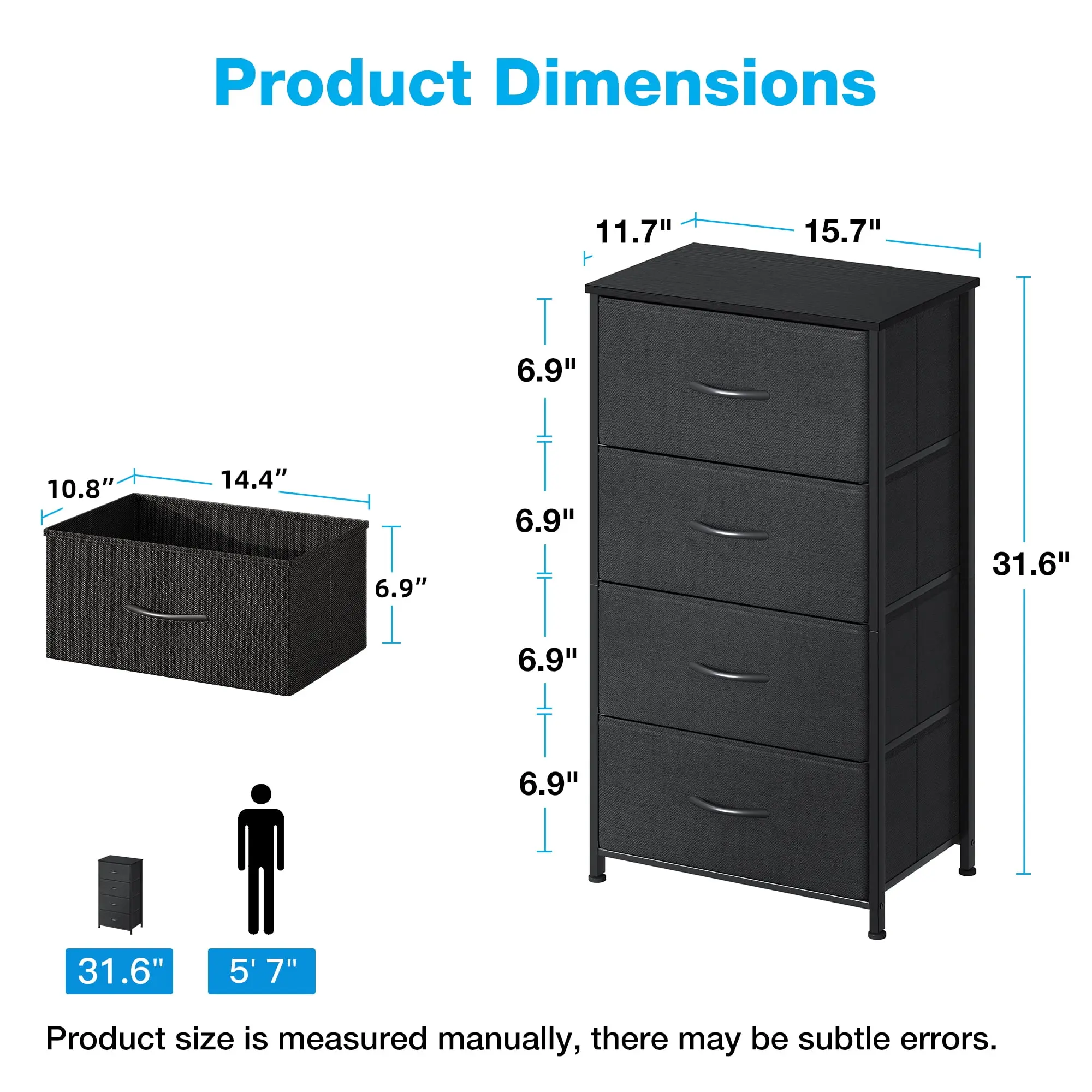 Dresser for Bedroom with 4 Storage Drawers, Small Dresser Chest of Drawers Fabric Dresser with Sturdy Steel Frame, Black