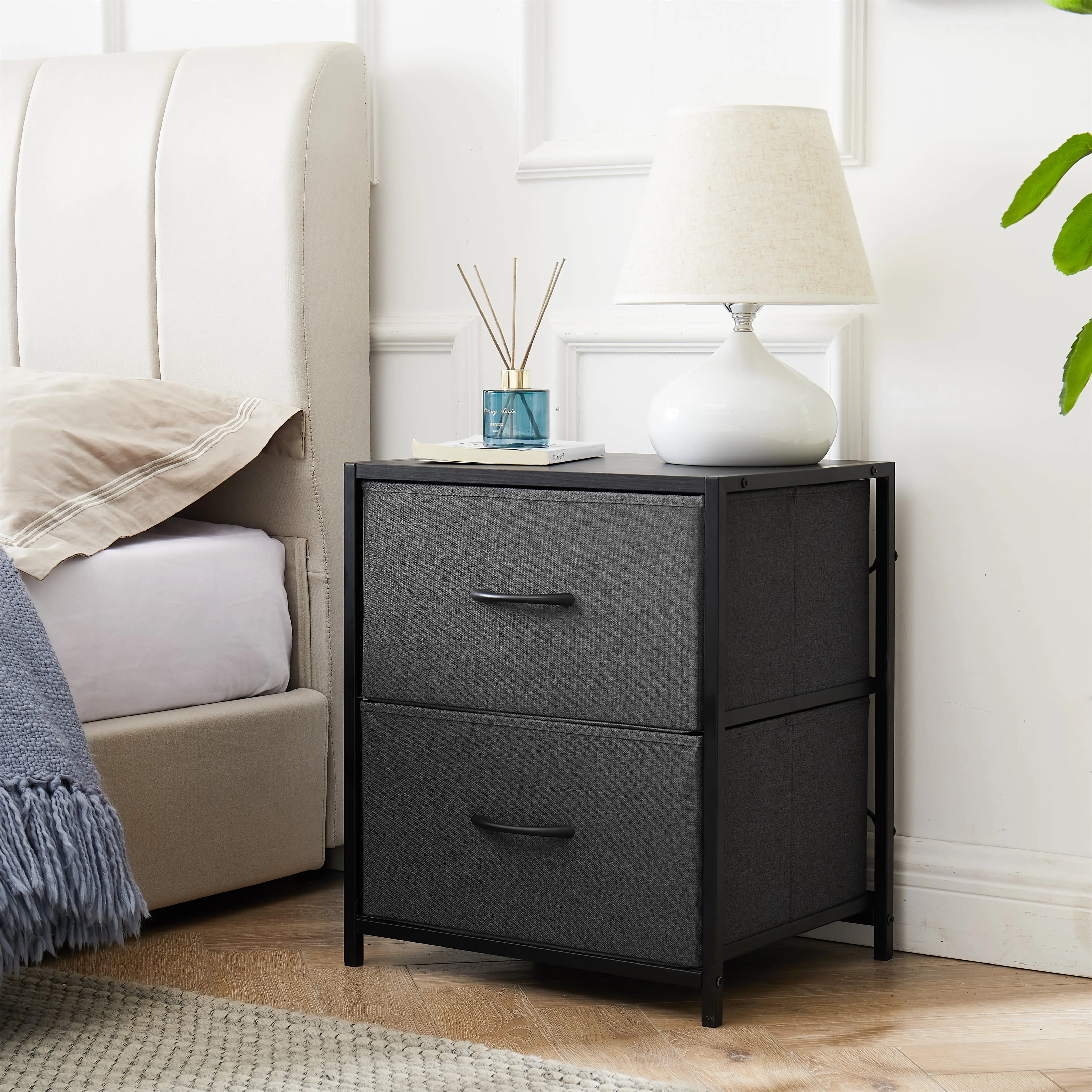 2 Drawer Fabric Storage Nightstand, Grey