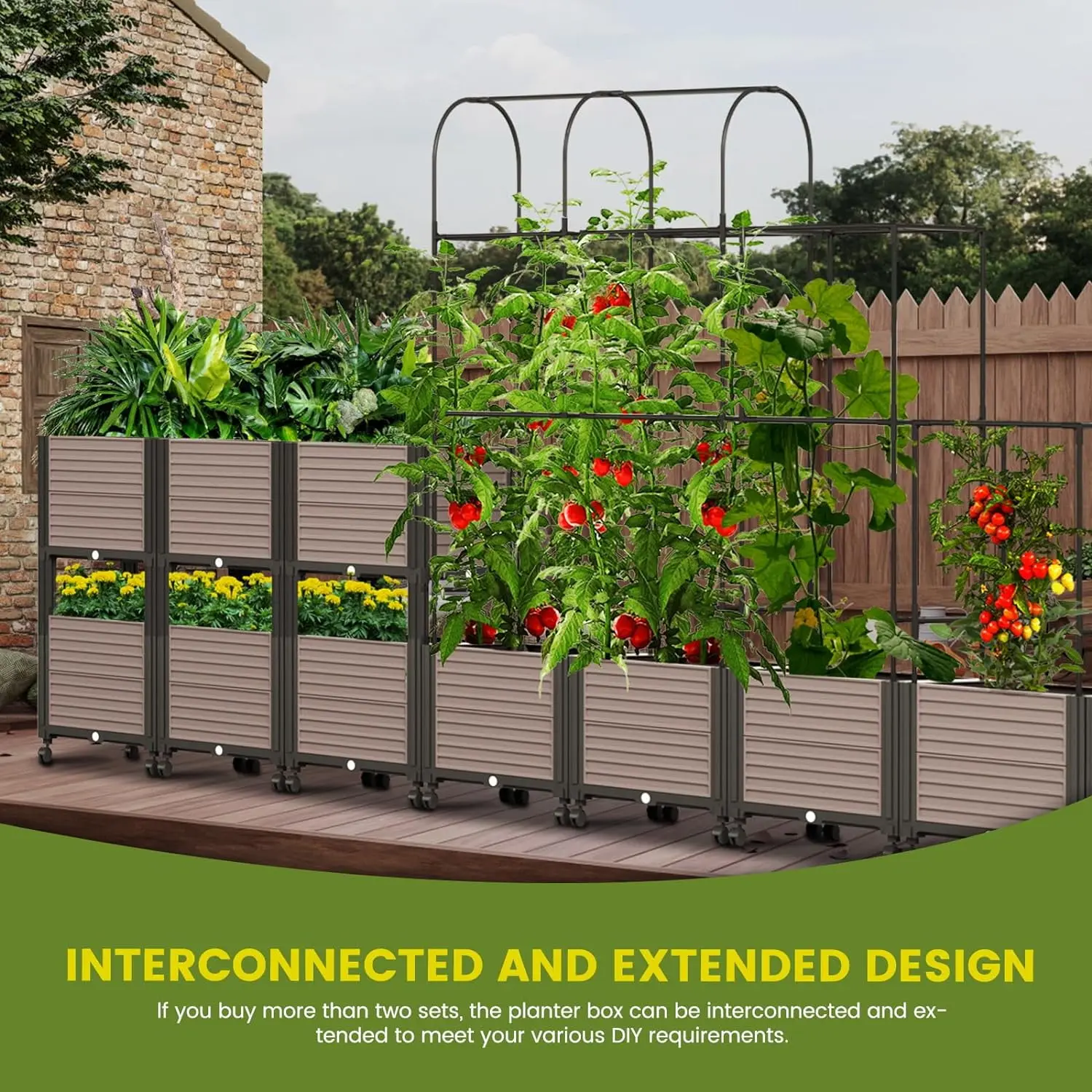 Raised Garden Bed Planter Box with Wheels, Tomato Cage Planter Raised Garden Bed with Trellis for Climbing Vegetables