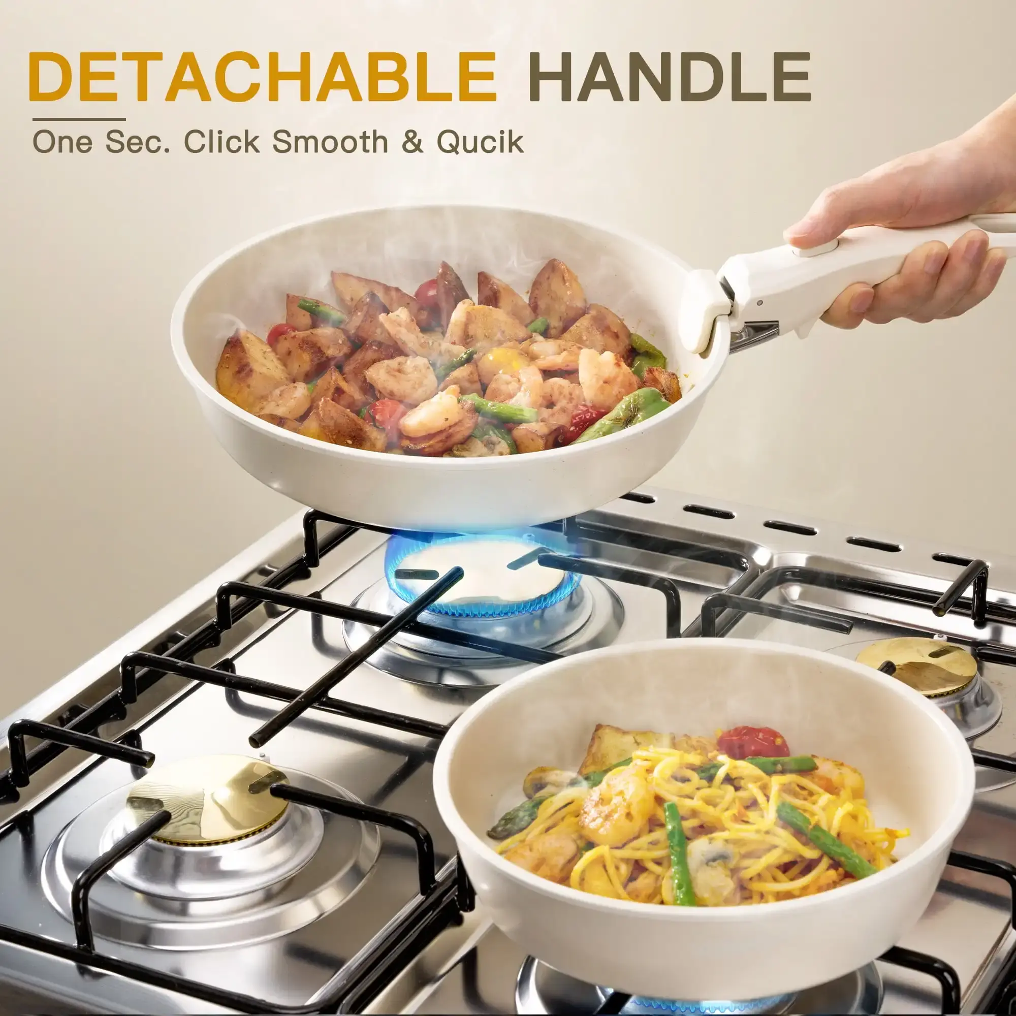 20 Piece Ceramic Pots and Pans Set Non Stick,  Cookware Set with Detachable Handle, Oven Safe, Induction Ready