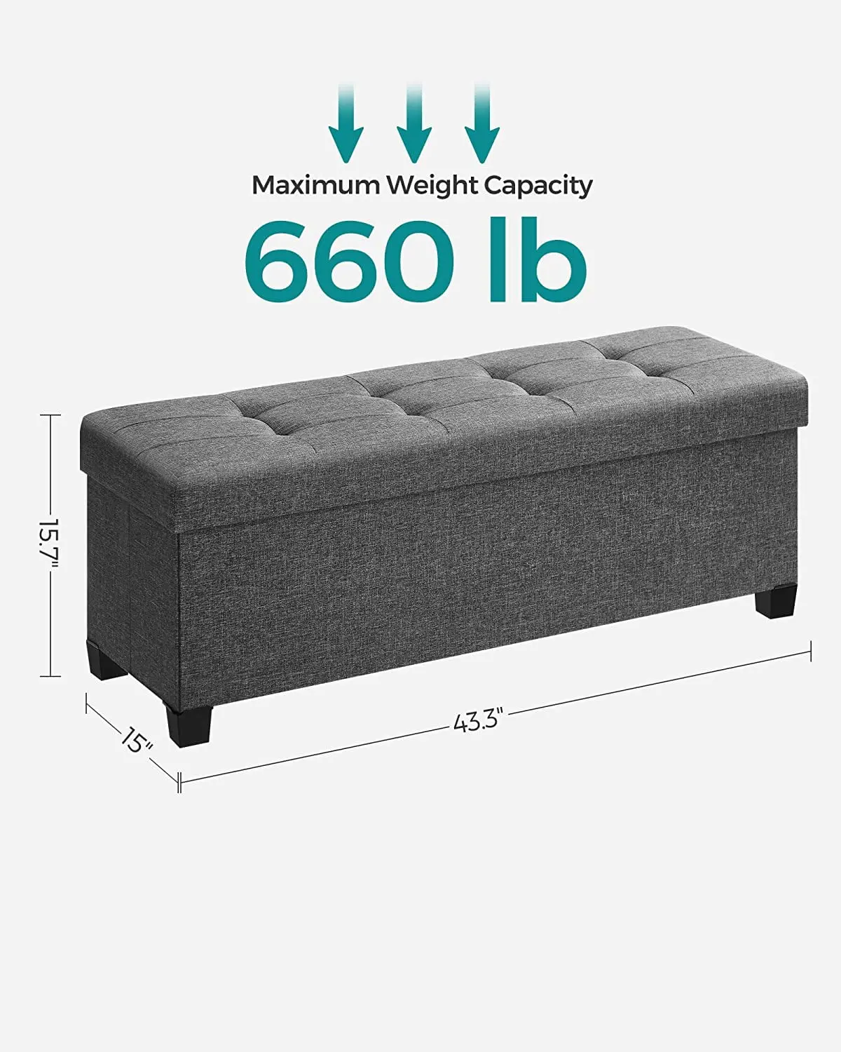 43.3" Storage Ottoman Bench Ottoman with Storage Coffee Table Holds Up to 660 lb for Living Room Dark Gray