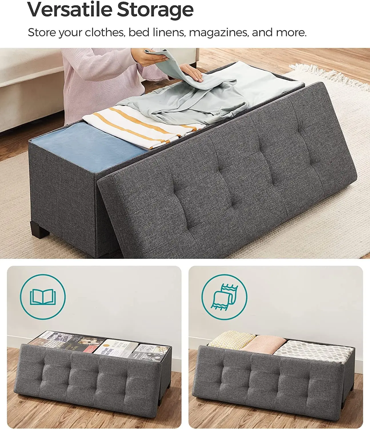 43.3" Storage Ottoman Bench Ottoman with Storage Coffee Table Holds Up to 660 lb for Living Room Dark Gray