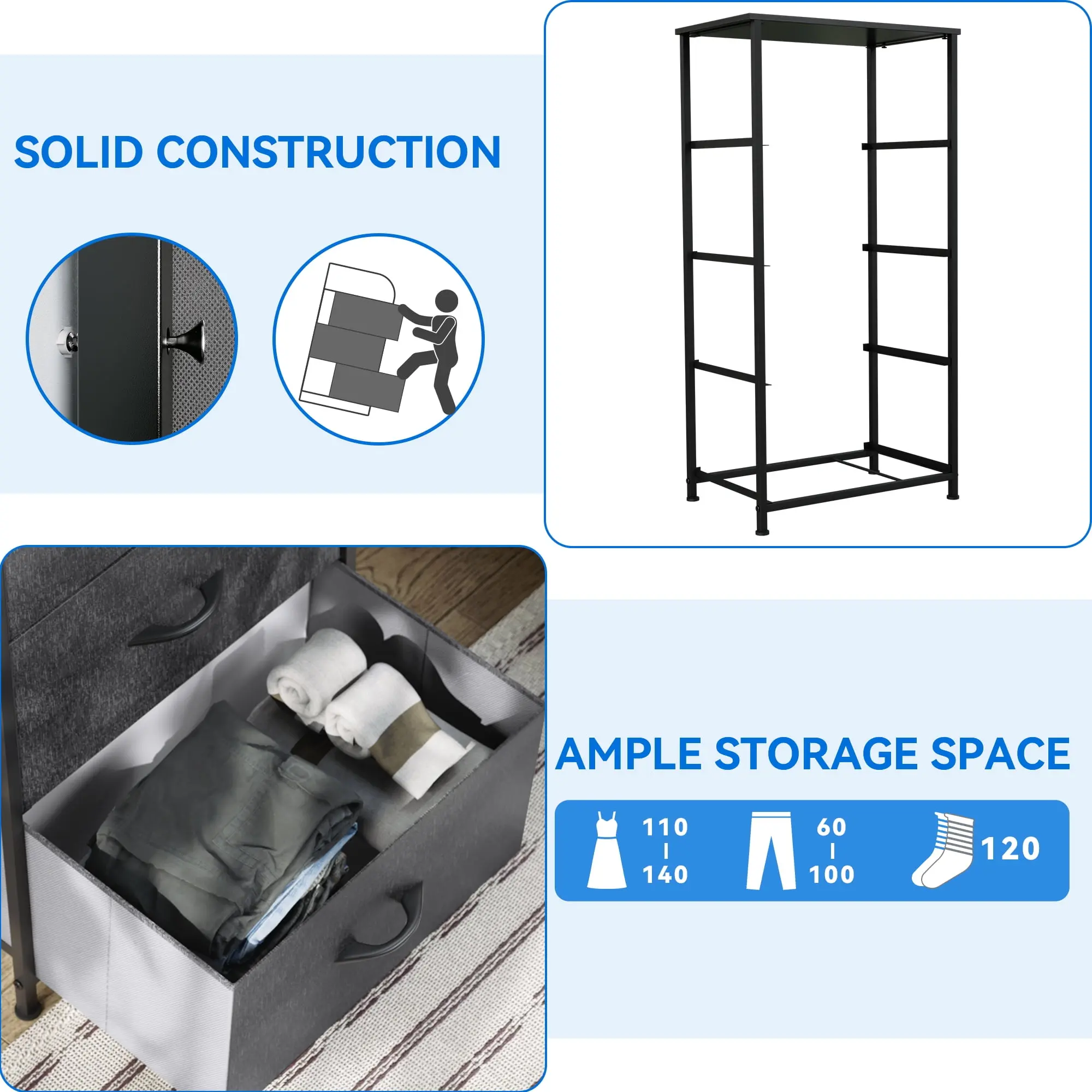 4 Drawer Dresser for Bedroom, Fabric Drawers Sturdy Steel Frame Storage Organizer for Living Room,Hallway Black Grey