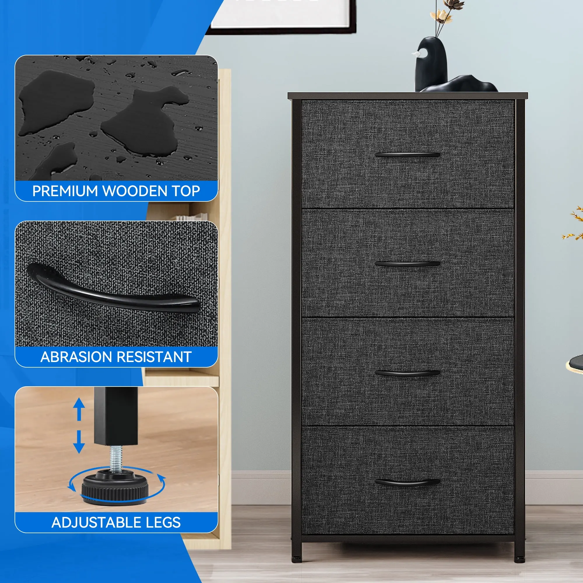 4 Drawer Dresser for Bedroom, Fabric Drawers Sturdy Steel Frame Storage Organizer for Living Room,Hallway Black Grey