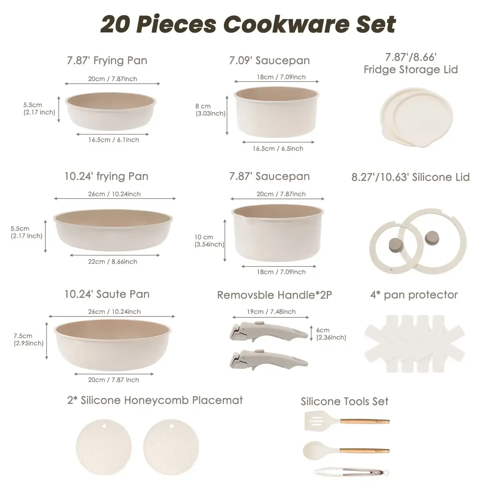 20 Pcs Non-Stick Pots and Pans Set, Non-Toxic Coating Cookware Set with Removable Handles, Induction/Oven Safe to Use(Beige)