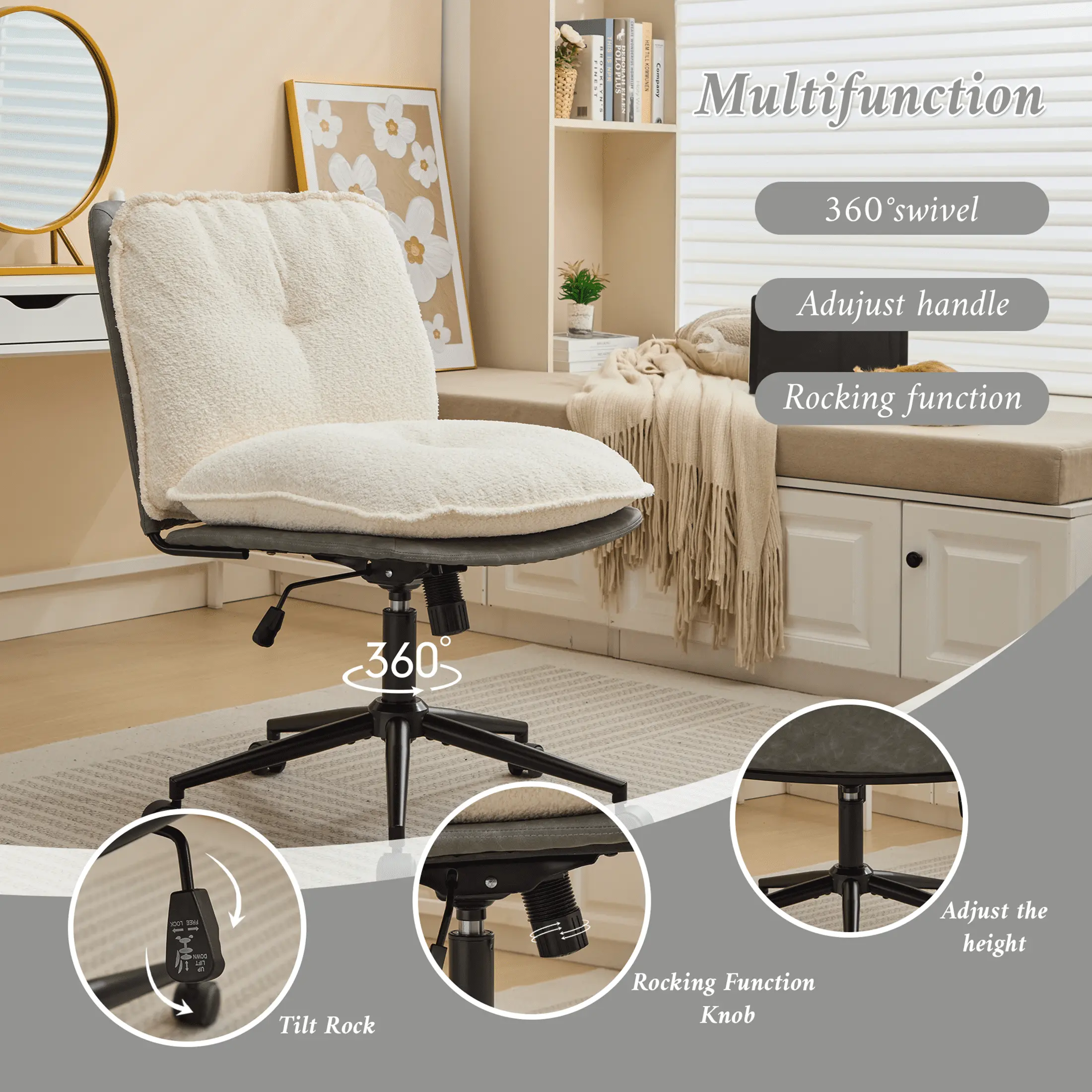 Office  Wide Seat with Adjustable Back, Ergonomic Teddy Desk  Vanity  with Wheels, Modern Computer