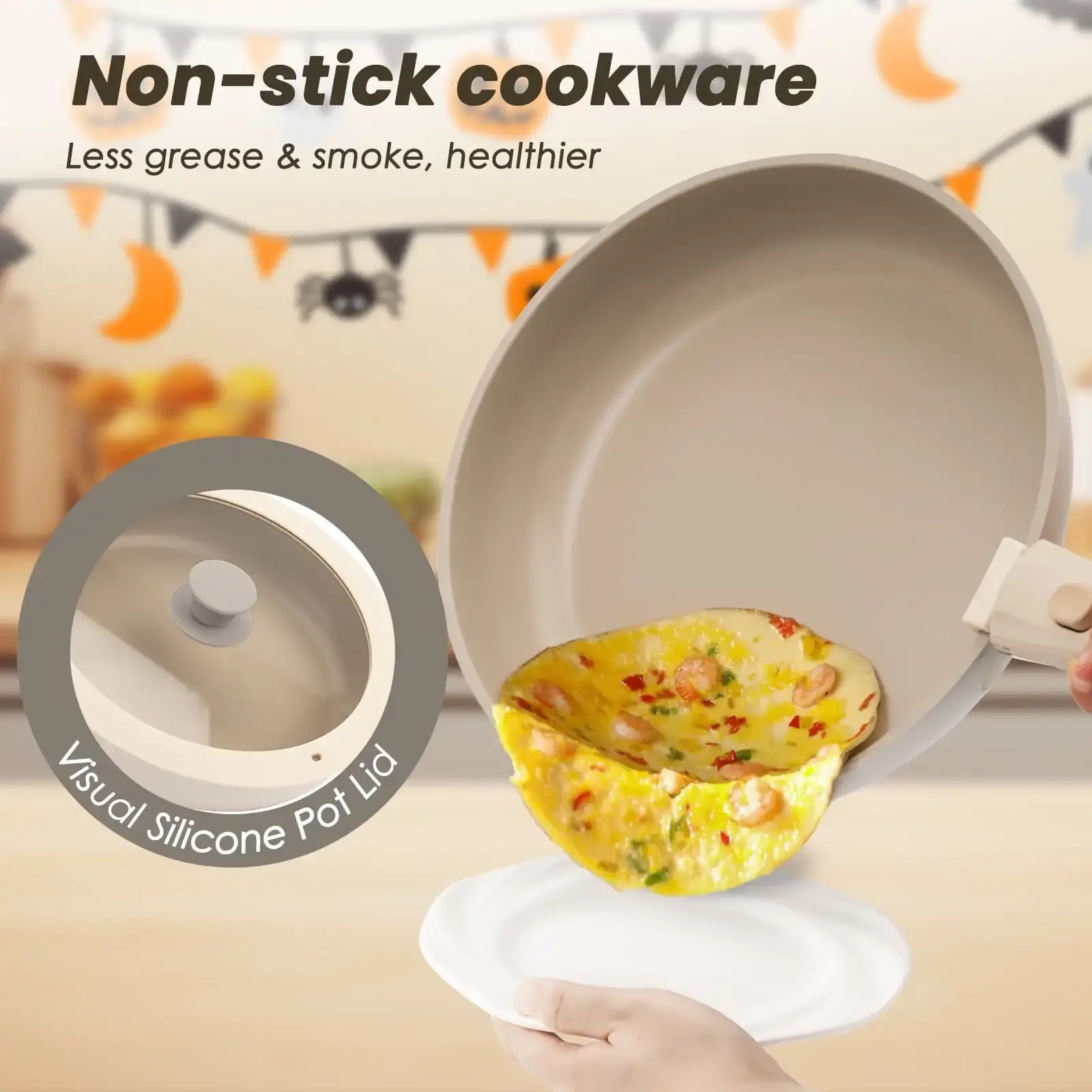 20 Pcs Non-Stick Pots and Pans Set, Non-Toxic Coating Cookware Set with Removable Handles, Induction/Oven Safe to Use(Beige)