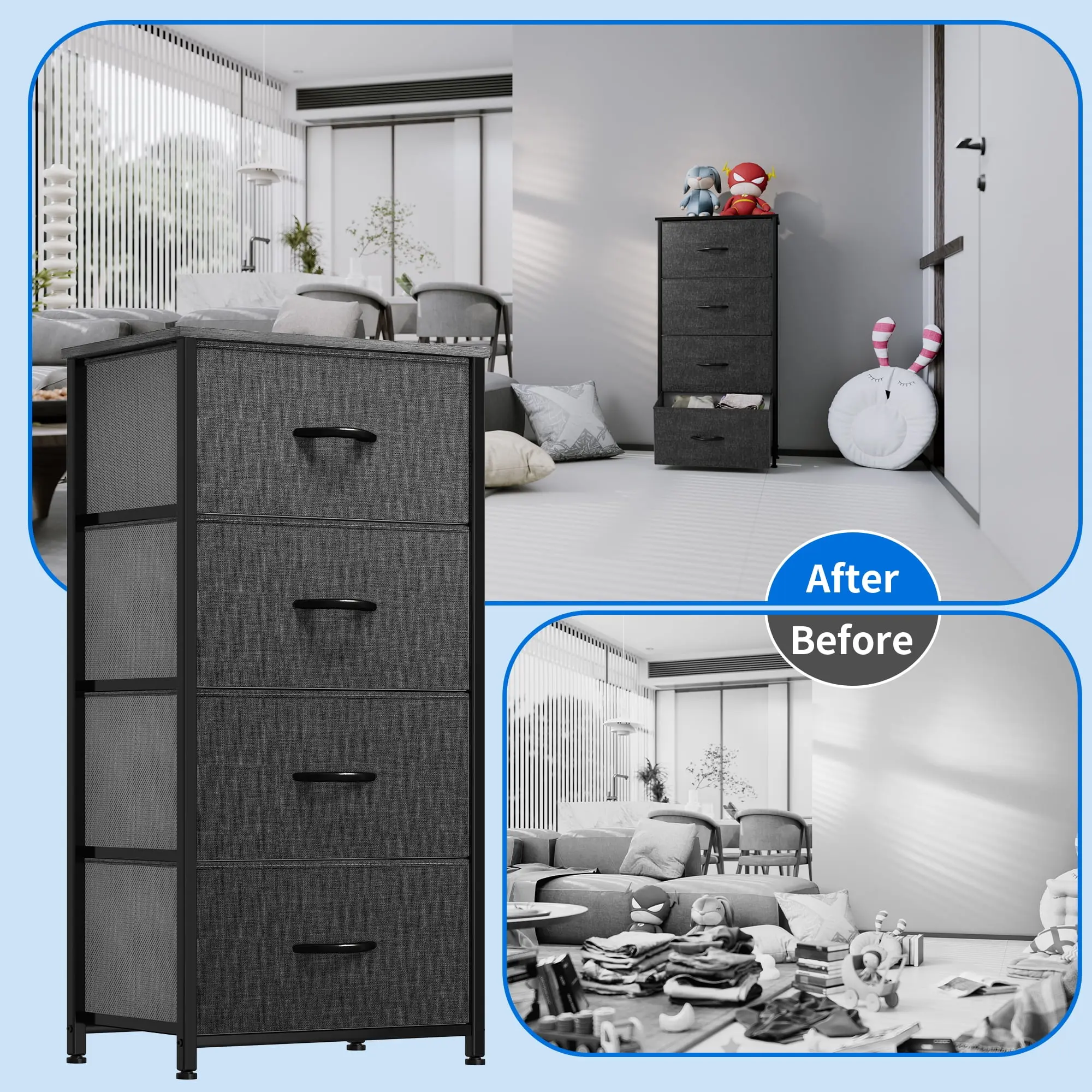 4 Drawer Dresser for Bedroom, Fabric Drawers Sturdy Steel Frame Storage Organizer for Living Room,Hallway Black Grey