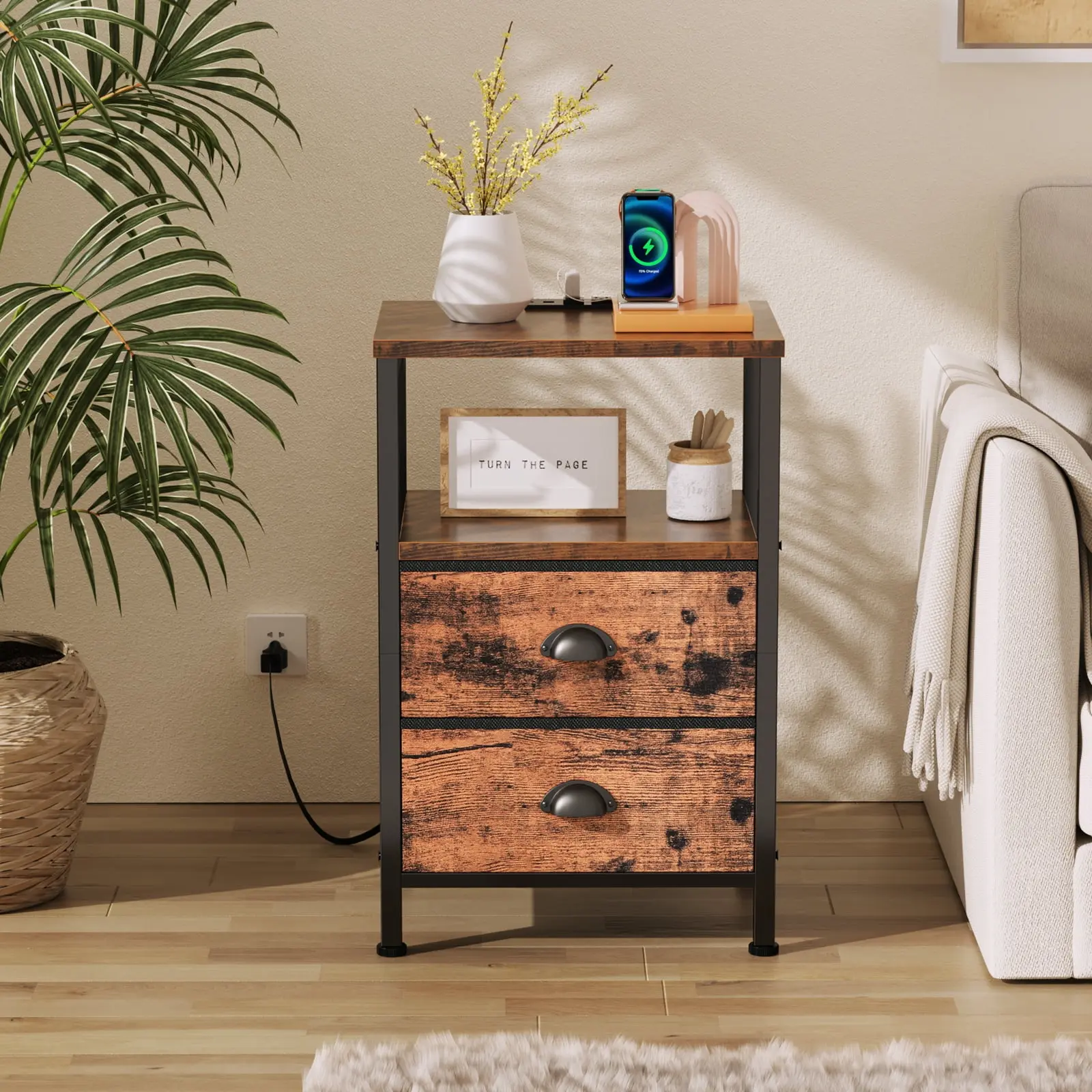 Bedside Table with Charging Station,LED Nightstand with 2 Fabric Drawers,Rustic Brown