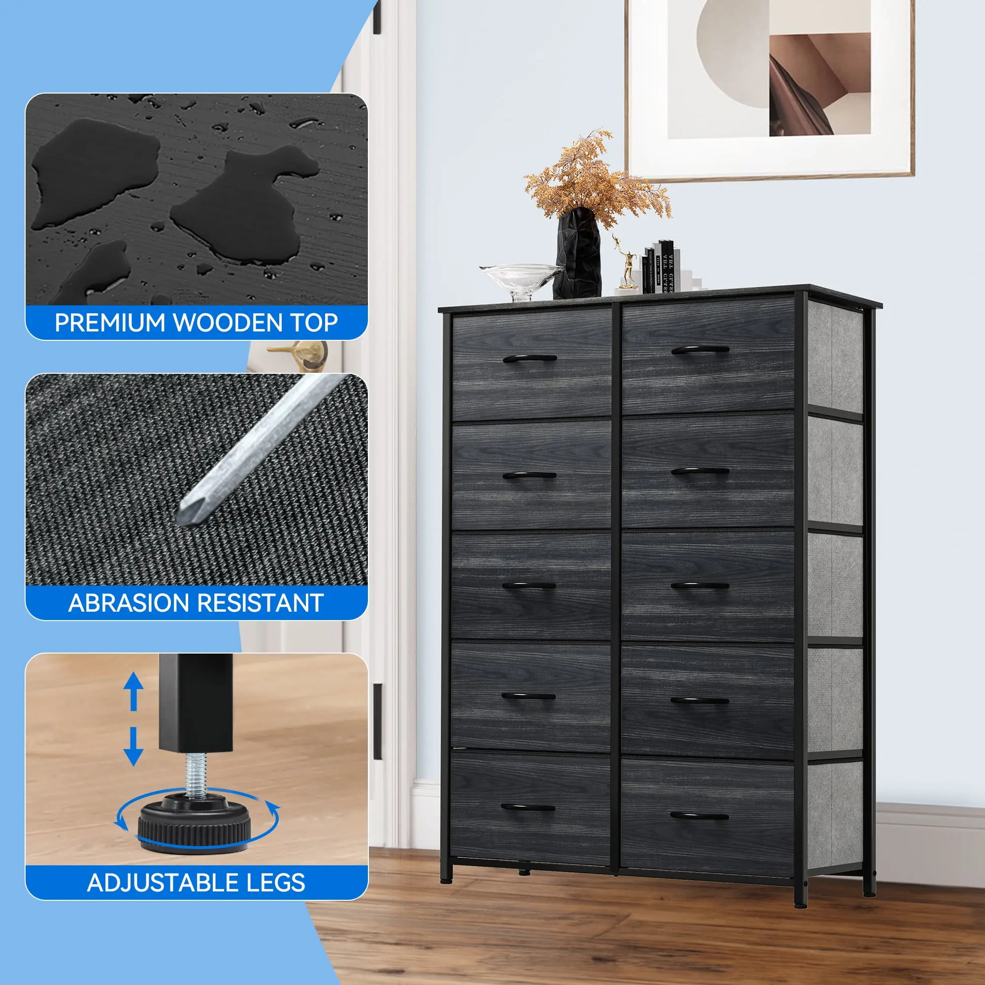 10 Drawer Dresser - Fabric Storage Tower, Organizer Unit for Living Room,Black