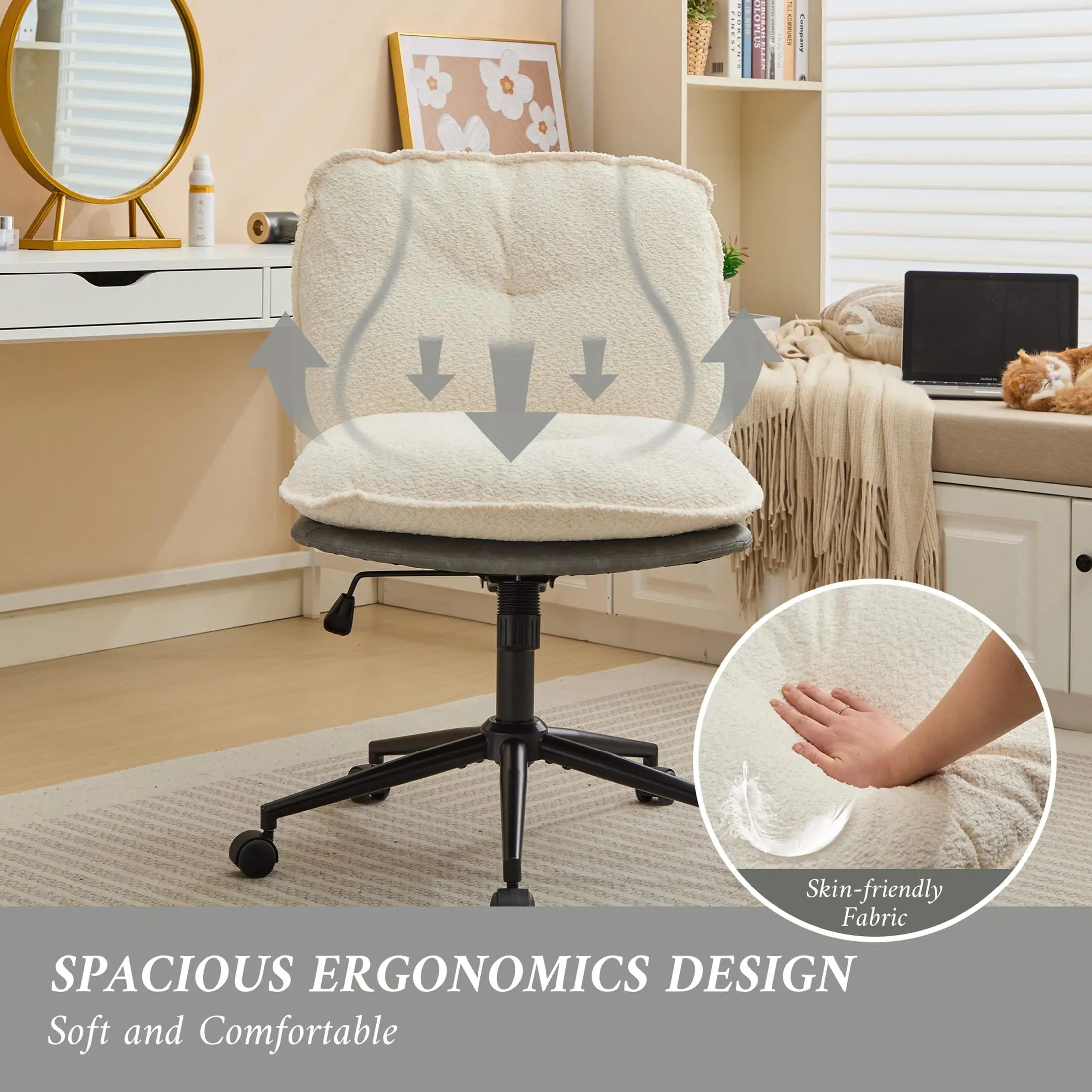 Office  Wide Seat with Adjustable Back, Ergonomic Teddy Desk  Vanity  with Wheels, Modern Computer