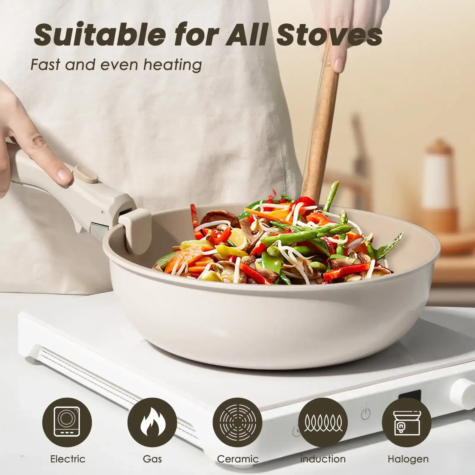 20 Pcs Non-Stick Pots and Pans Set, Non-Toxic Coating Cookware Set with Removable Handles, Induction/Oven Safe to Use(Beige)