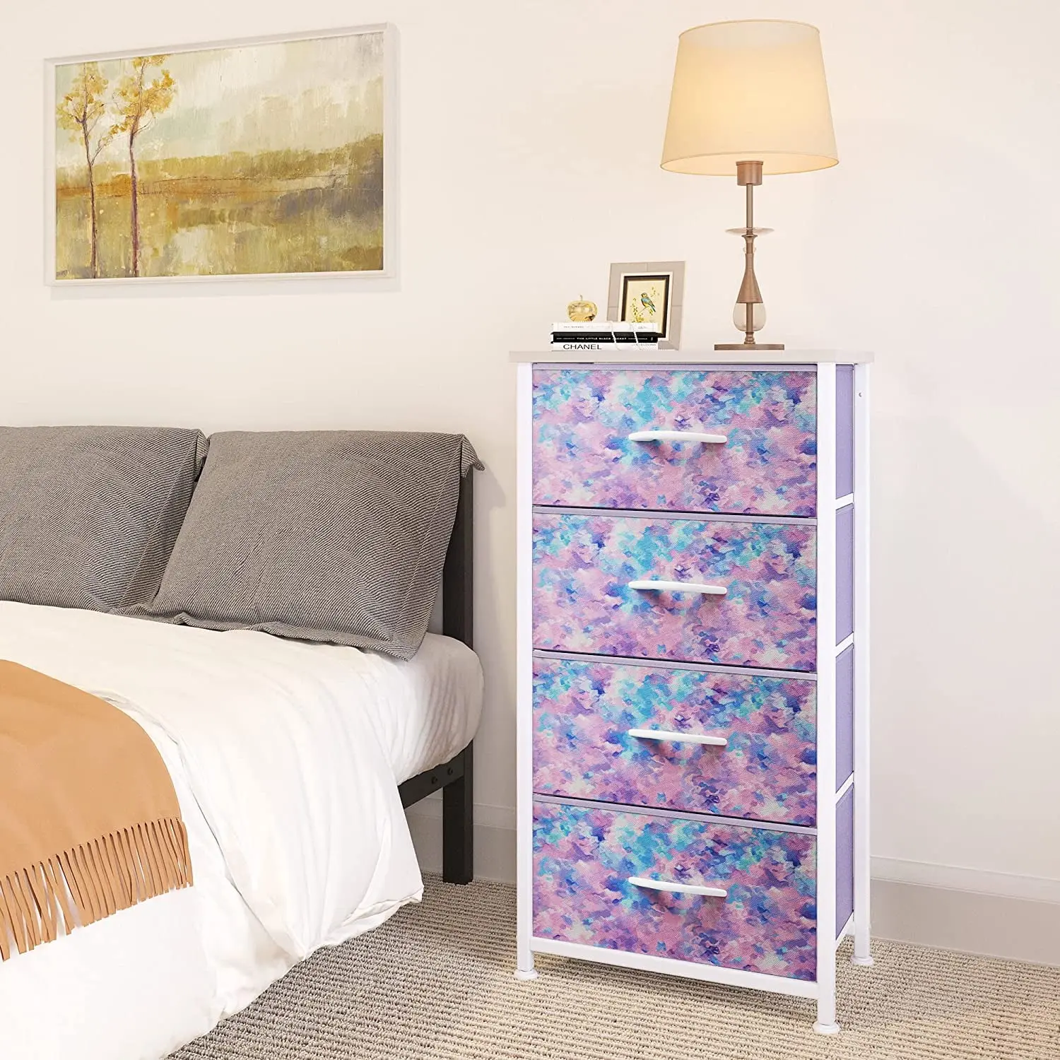 4-Drawer Fabric Dresser, Storage Tower for Bedroom, Tie-Dye Purple