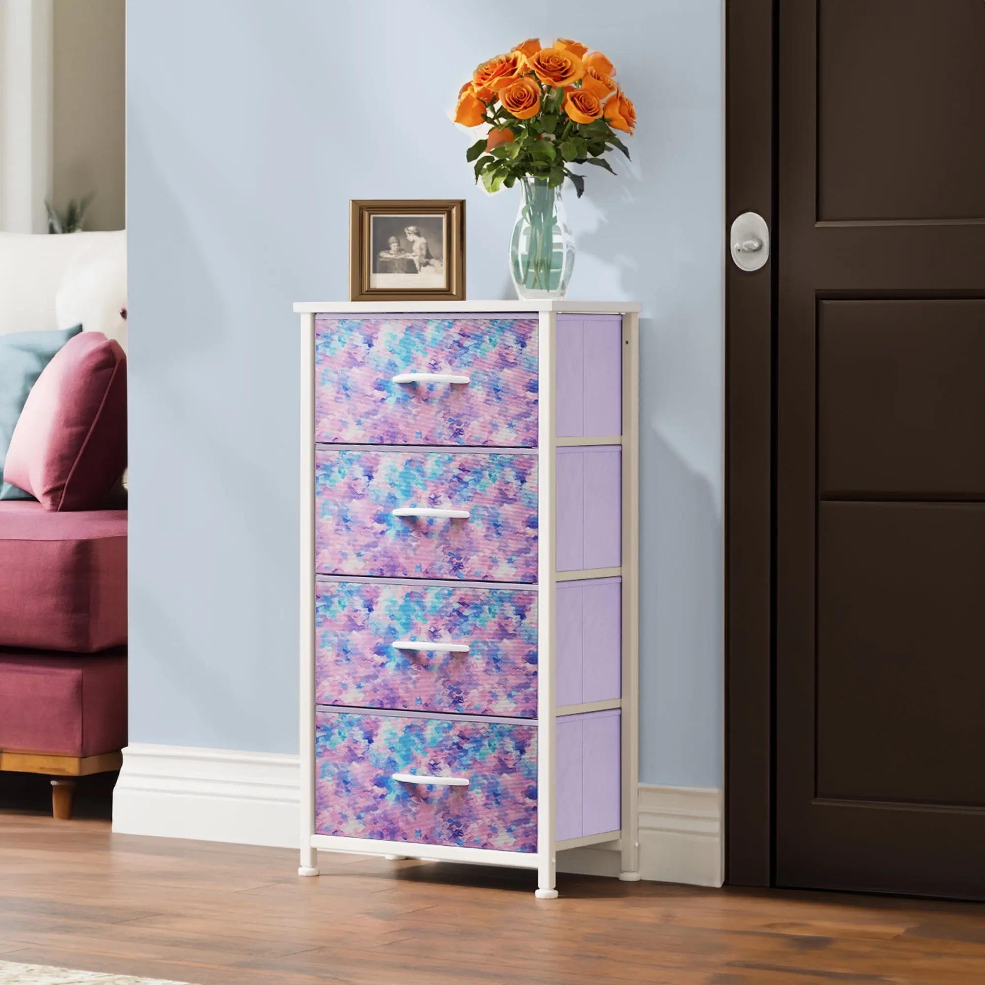 4-Drawer Fabric Dresser, Storage Tower for Bedroom, Tie-Dye Purple
