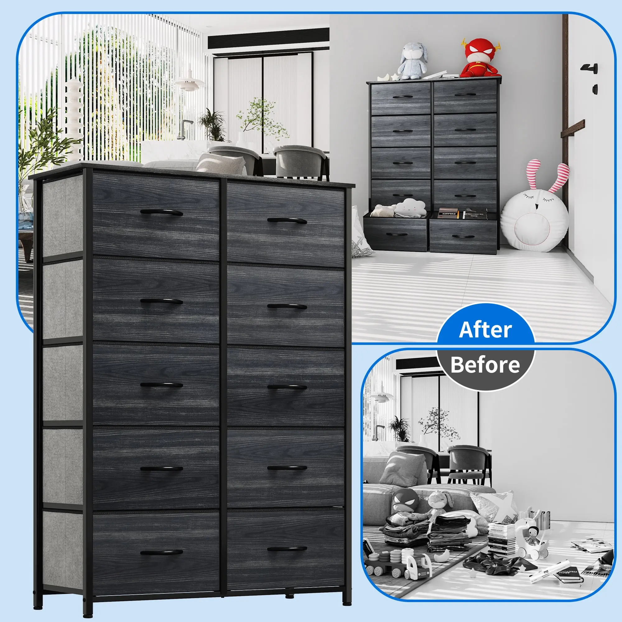 10 Drawer Dresser - Fabric Storage Tower, Organizer Unit for Living Room,Black