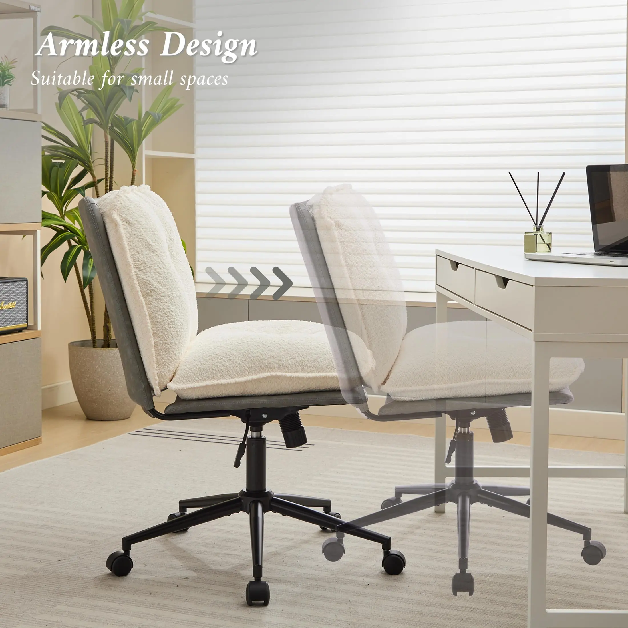 Office  Wide Seat with Adjustable Back, Ergonomic Teddy Desk  Vanity  with Wheels, Modern Computer