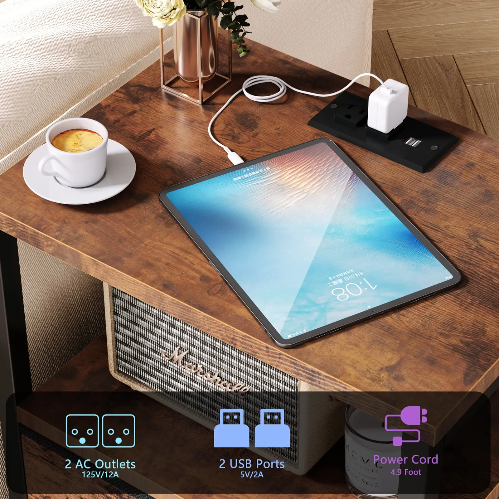 Bedside Table with Charging Station,LED Nightstand with 2 Fabric Drawers,Rustic Brown