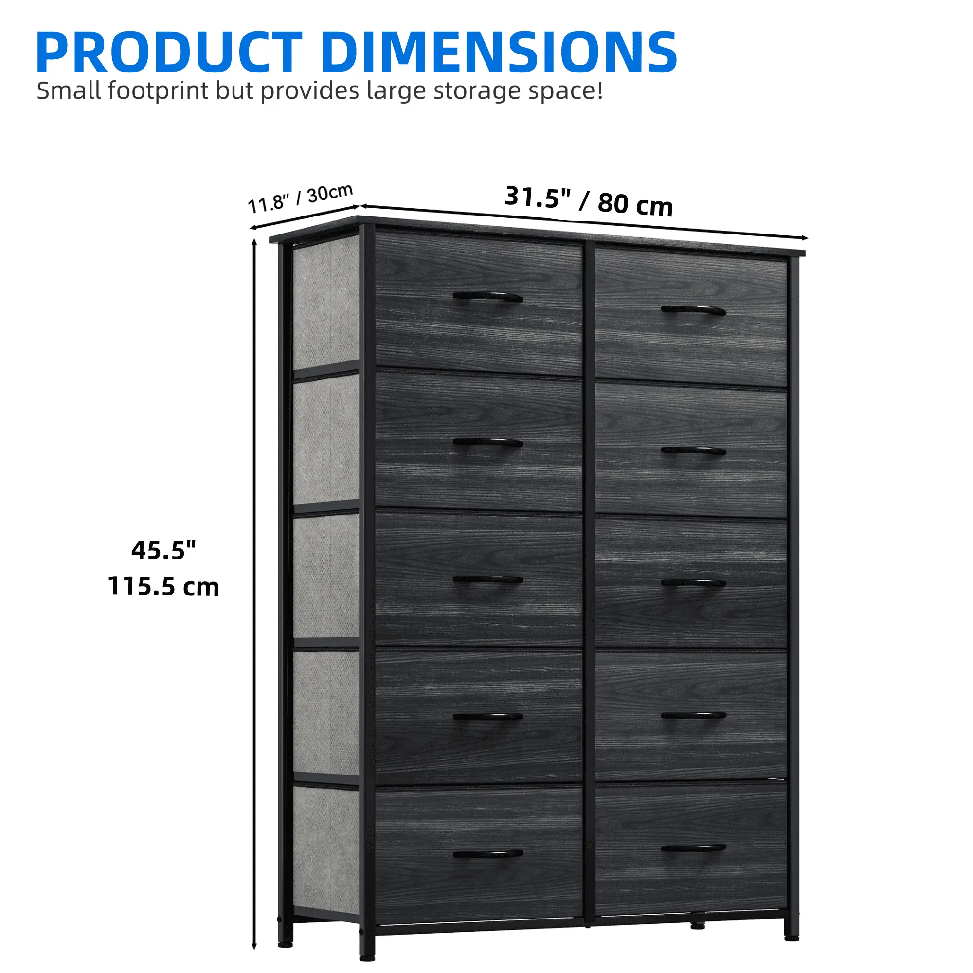 10 Drawer Dresser - Fabric Storage Tower, Organizer Unit for Living Room,Black