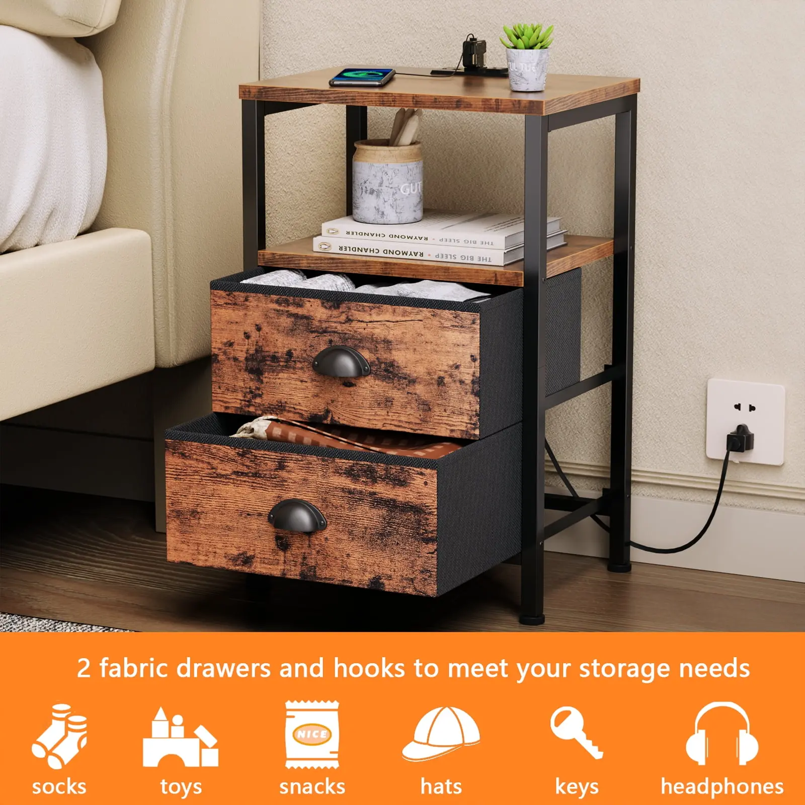 Bedside Table with Charging Station,LED Nightstand with 2 Fabric Drawers,Rustic Brown