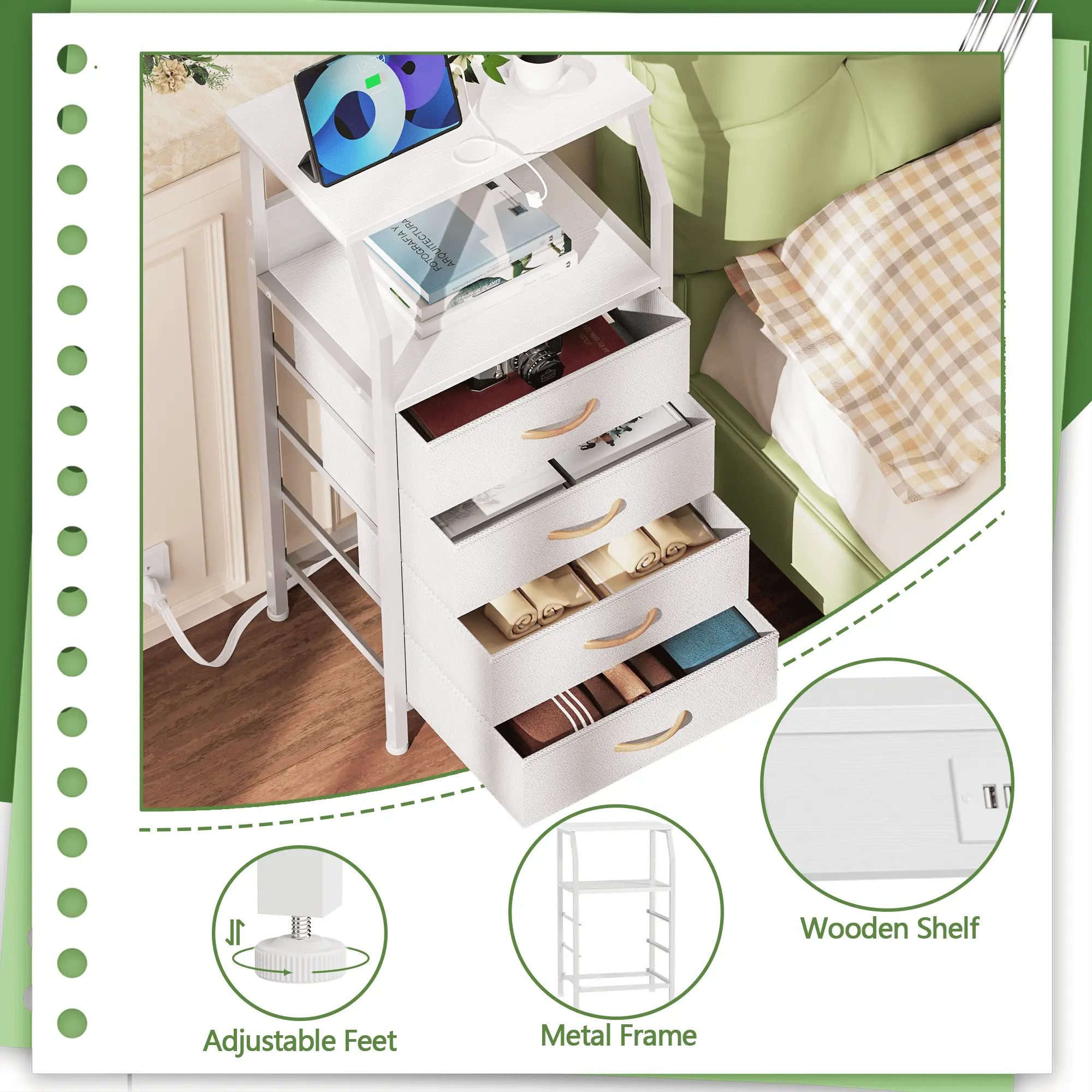 Small Dresser for Bedroom, 4 Drawer with Charging Station, White, Ideal for Adults