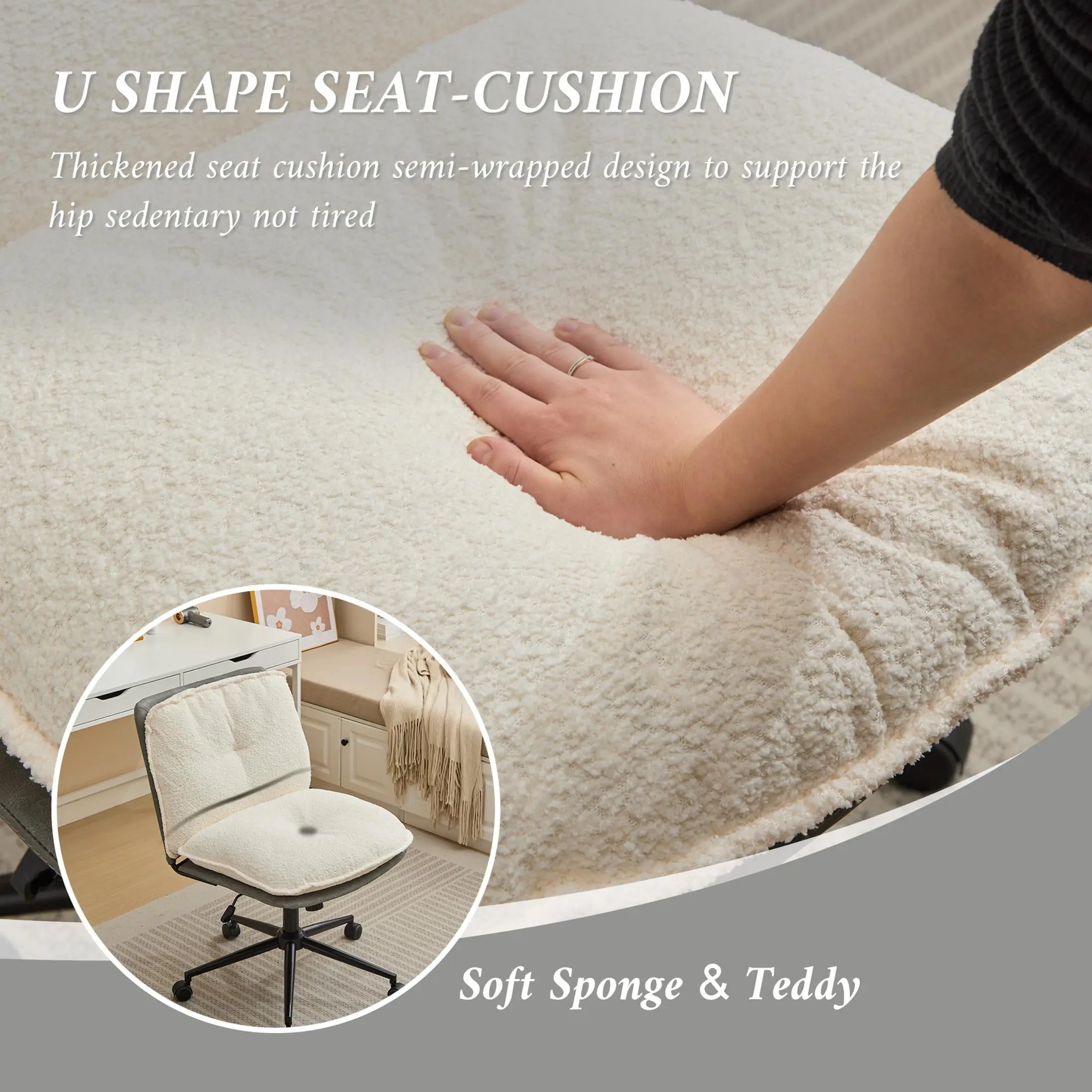 Office  Wide Seat with Adjustable Back, Ergonomic Teddy Desk  Vanity  with Wheels, Modern Computer
