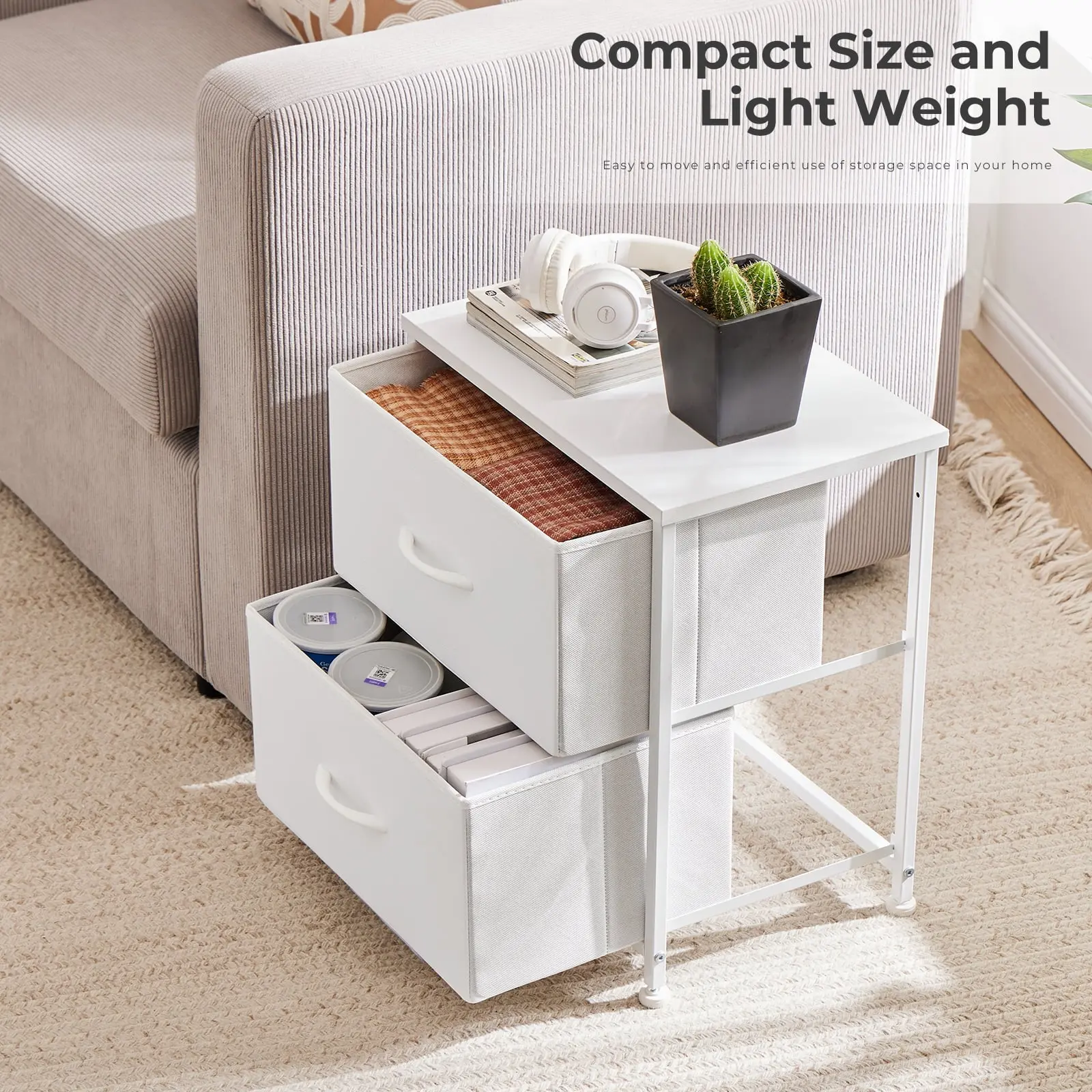 2-Drawer Fabric Storage Dresser, Nightstand for Bedroom, Closet, Storage Furniture for Adults, White,  2-Pack