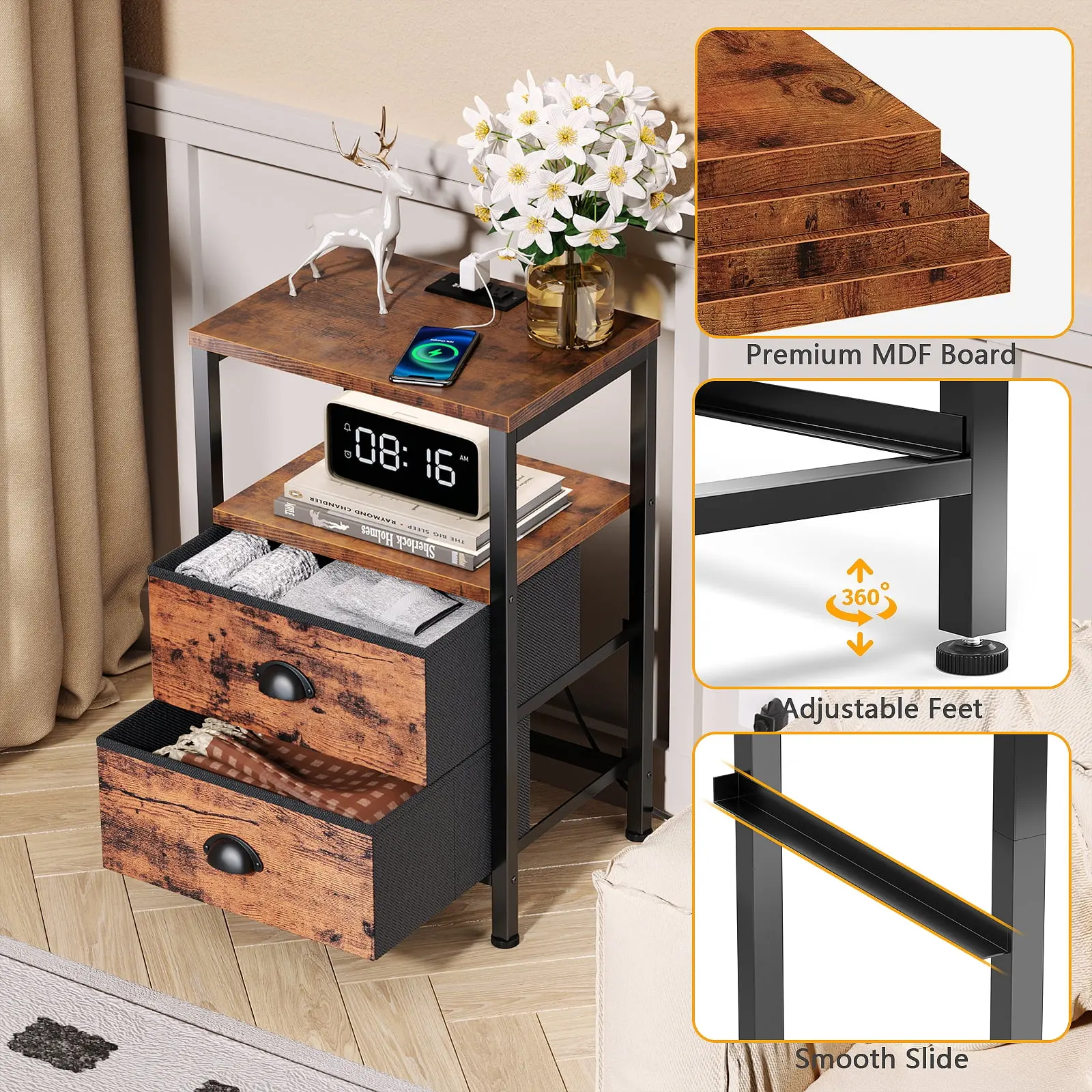 Bedside Table with Charging Station,LED Nightstand with 2 Fabric Drawers,Rustic Brown